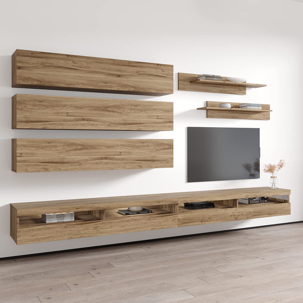 Modern Floating TV Stand with Storage & LED Lights - Wall-Mounted Entertainment Center for Bedroom & Living Room - Oak Wood TV Console with Shelves & Storage Space | Perfect for Small Spaces, Apartments & Home Theater Setups