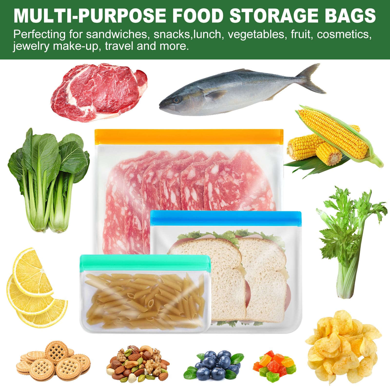 10-Pack Reusable Silicone Food Storage Bags Set - 3 Gallon Freezer Bags, 4 Sandwich Bags & 3 Snack Bags | Eco-Friendly Kitchen Organizer for Meal Prep, Lunch, Fridge & Freezer Storage | Perfect for Home, Office & Travel Use