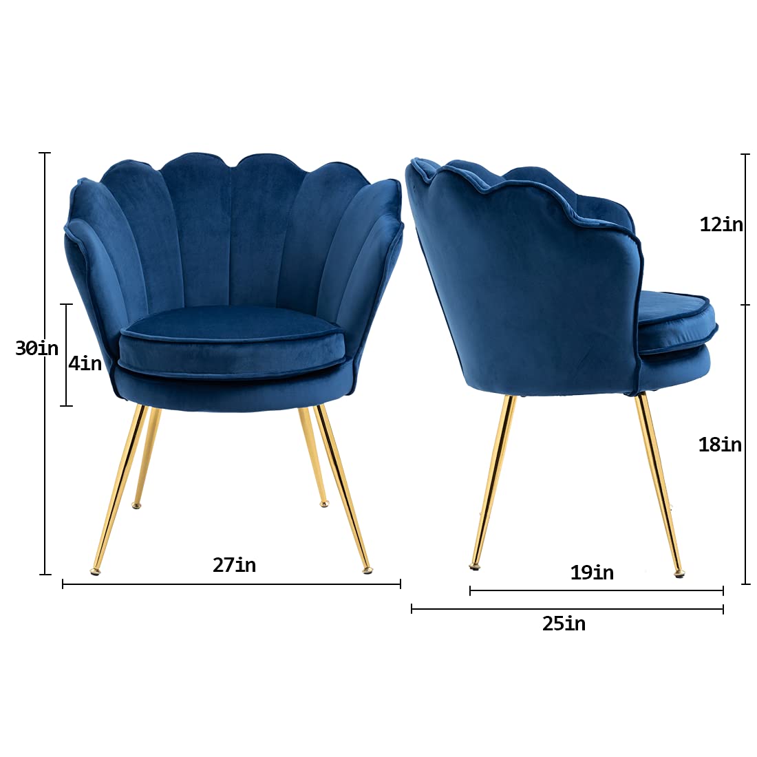 Modern Velvet Accent Chairs Set of 2 - Shell Shaped Upholstered Armchairs with Golden Metal Legs for Bedroom, Living Room & Dining Room - Comfy Vanity Makeup Desk Chair (Dark Blue) | Perfect for Home Office, Guest Seating & Boudoir Decor