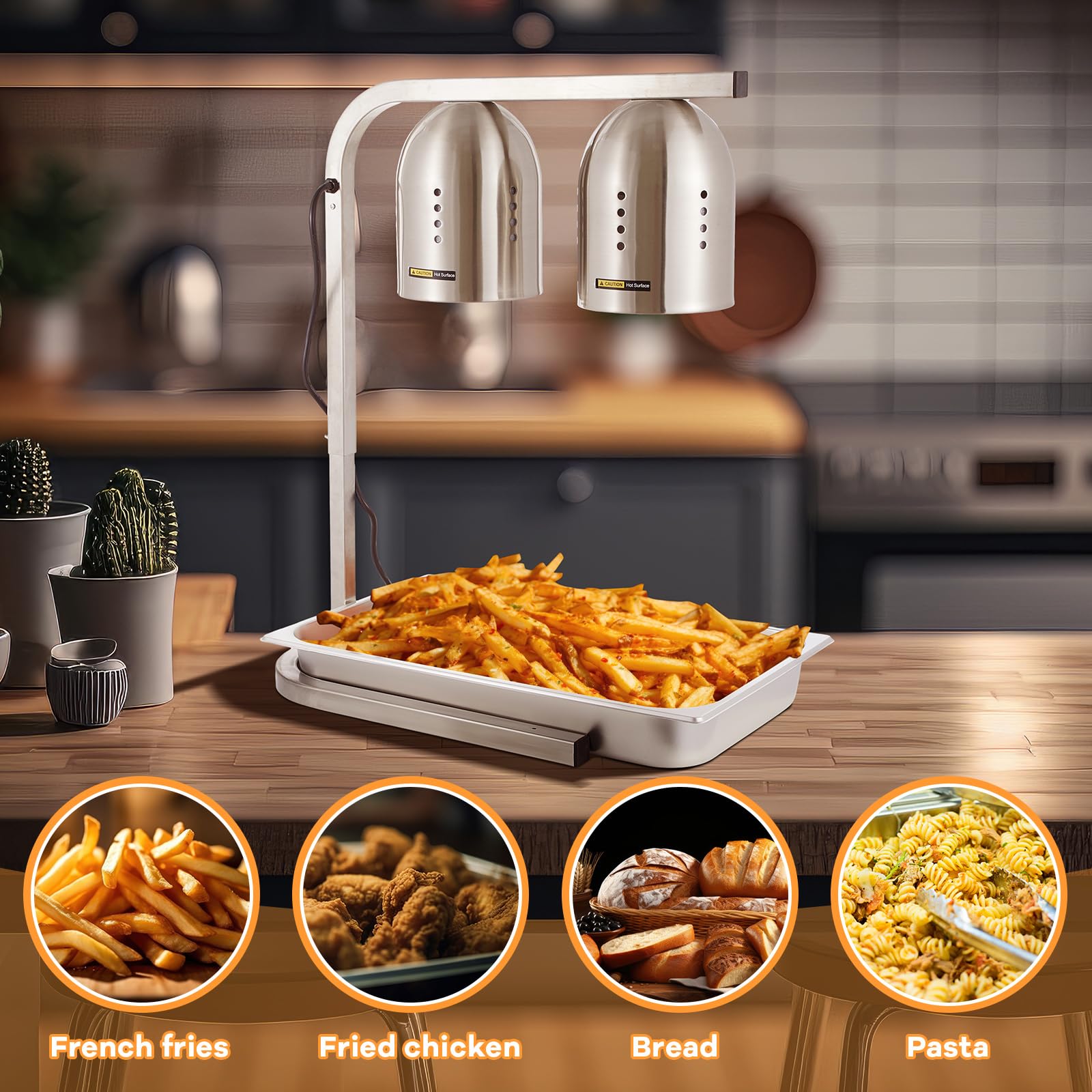 Commercial Food Warmer Heat Lamp - 110V Stainless Steel Electric Food Heat Lamp with 2 Pans & Adjustable Frame - Perfect for Restaurants, Buffets, Hotels & Party Catering - Keep Food Warm for Serving