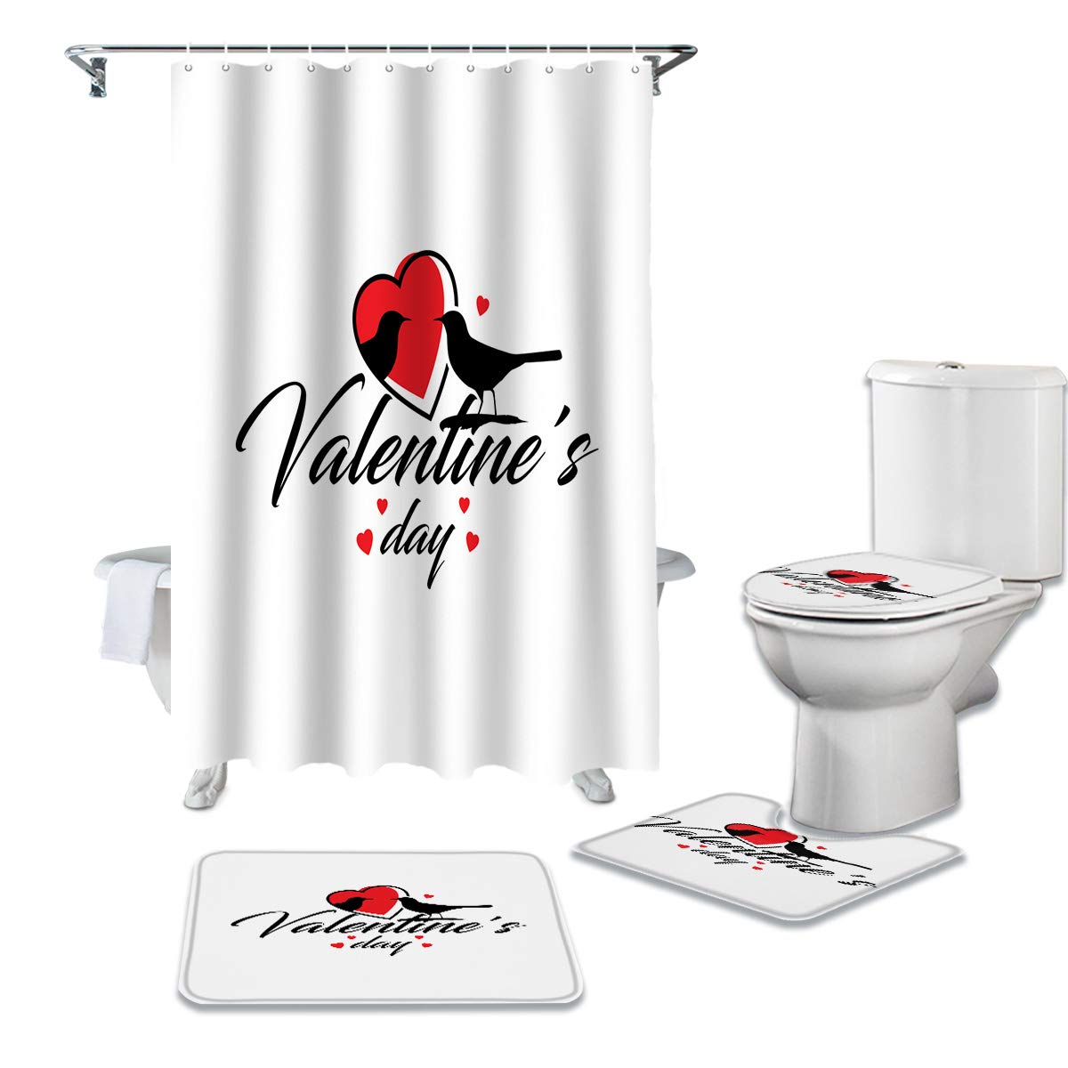 CHARMHOME 4-Piece Waterproof Shower Curtain Set - Non-Slip Bath Mat, Toilet Lid Cover, 12 Hooks - Romantic Red Love Heart Design for Valentine's Day | Perfect for Bathroom Decor & Gift Giving