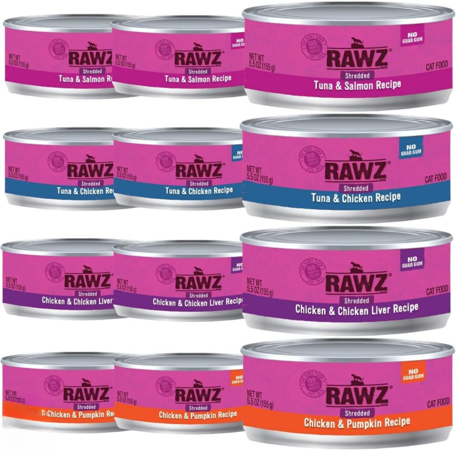 Rawz Natural Premium Canned Cat Wet Food Shredded - 12 Pack Variety Bundle with 4 Flavors (Tuna & Salmon, Chicken Liver, Tuna & Chicken, Chicken & Pumpkin) - 5.5 oz Cans - Grain-Free High Protein Meal for Adult Cats - Perfect for Picky Eaters & Daily Feeding