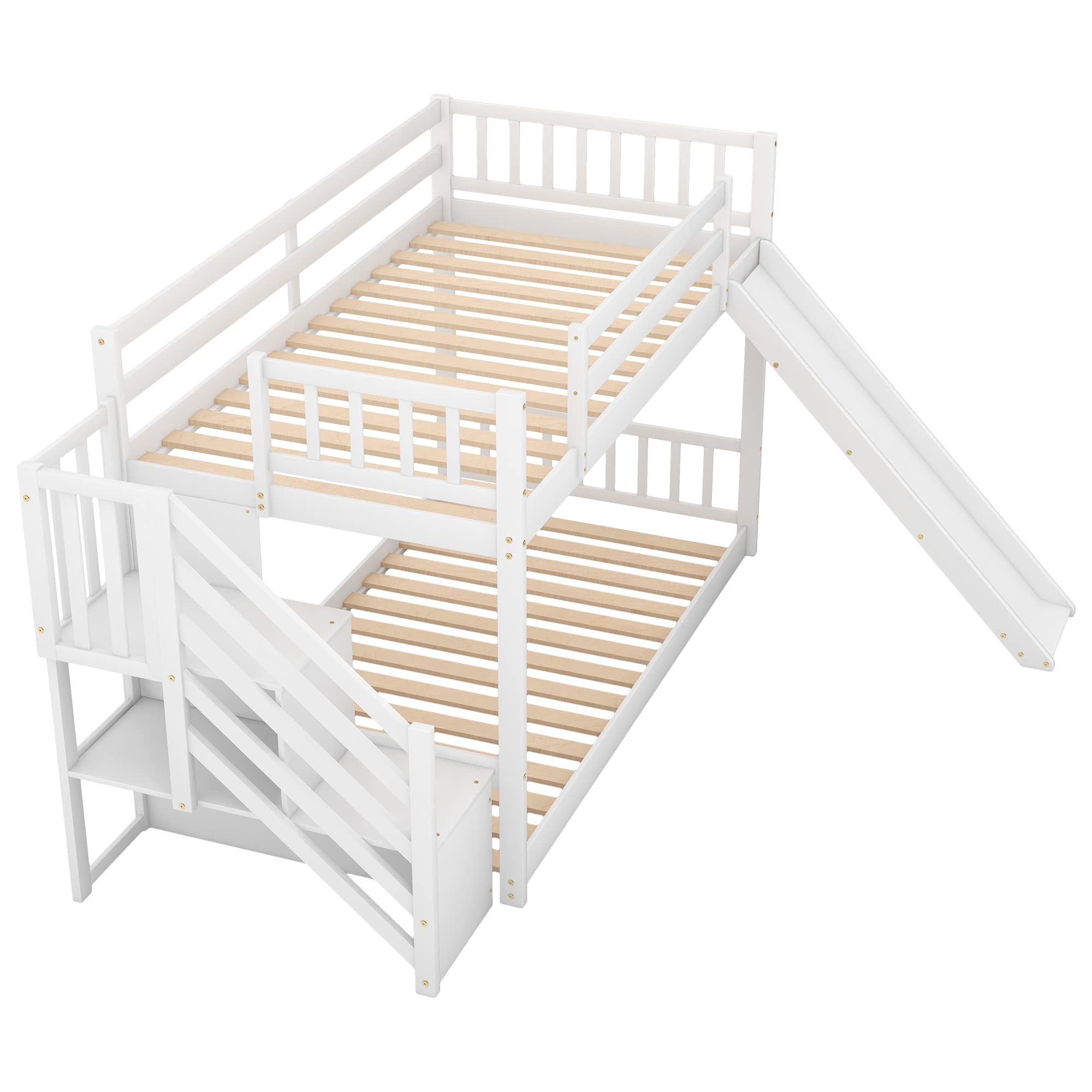 Twin Size Bunk Bed with Stairway & Convertible Slide - White Wood Bunk Bed Frame with Safety Guardrails, No Box Spring Needed - Space-Saving Twin Over Twin Bunk Bed for Kids' Bedroom, Dorm Room, or Small Space