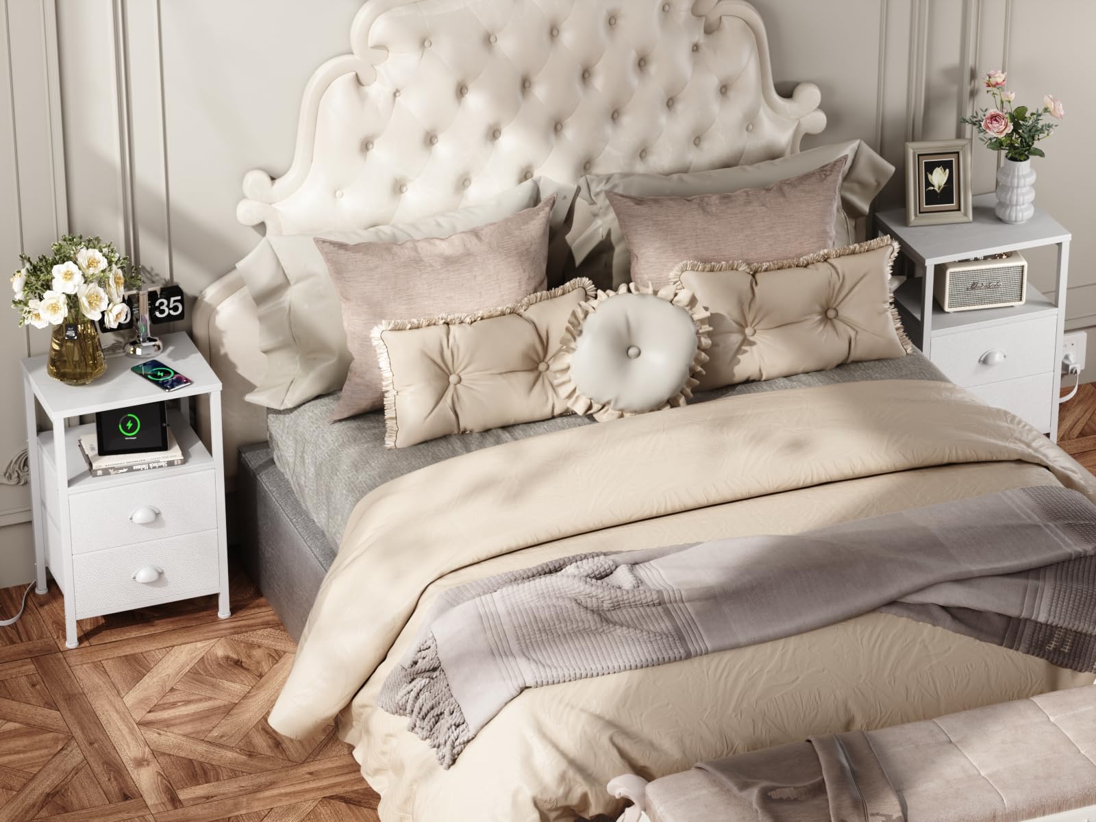 2-Piece White Nightstand Set with Charging Station & LED Lights - Modern Bedside Tables with 2 Fabric Drawers for Bedroom or Living Room - Perfect for Small Spaces, Apartment Decor & Gift Giving
