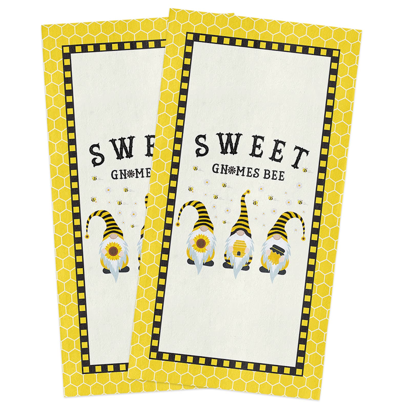 Sweet Gnomes & Daisy Flower Bee Honeycomb Kitchen Towels Set - 2 Pack Absorbent Soft Cotton Dish Cloths, 18x28 Inches - Perfect for Dish Drying, Bar Cleaning & Tea Time - Cute Home Decor Kitchen Accessories
