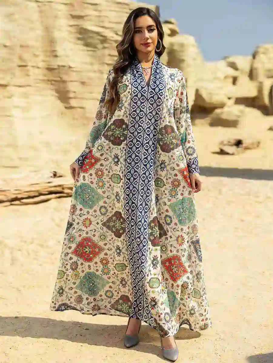 Elegant Chiffon Printed Eid Dress Caftan Kaftan for Women - Flowy Long Sleeve Maxi Dress with V-Neck - Perfect for Eid Celebrations, Weddings & Special Occasions