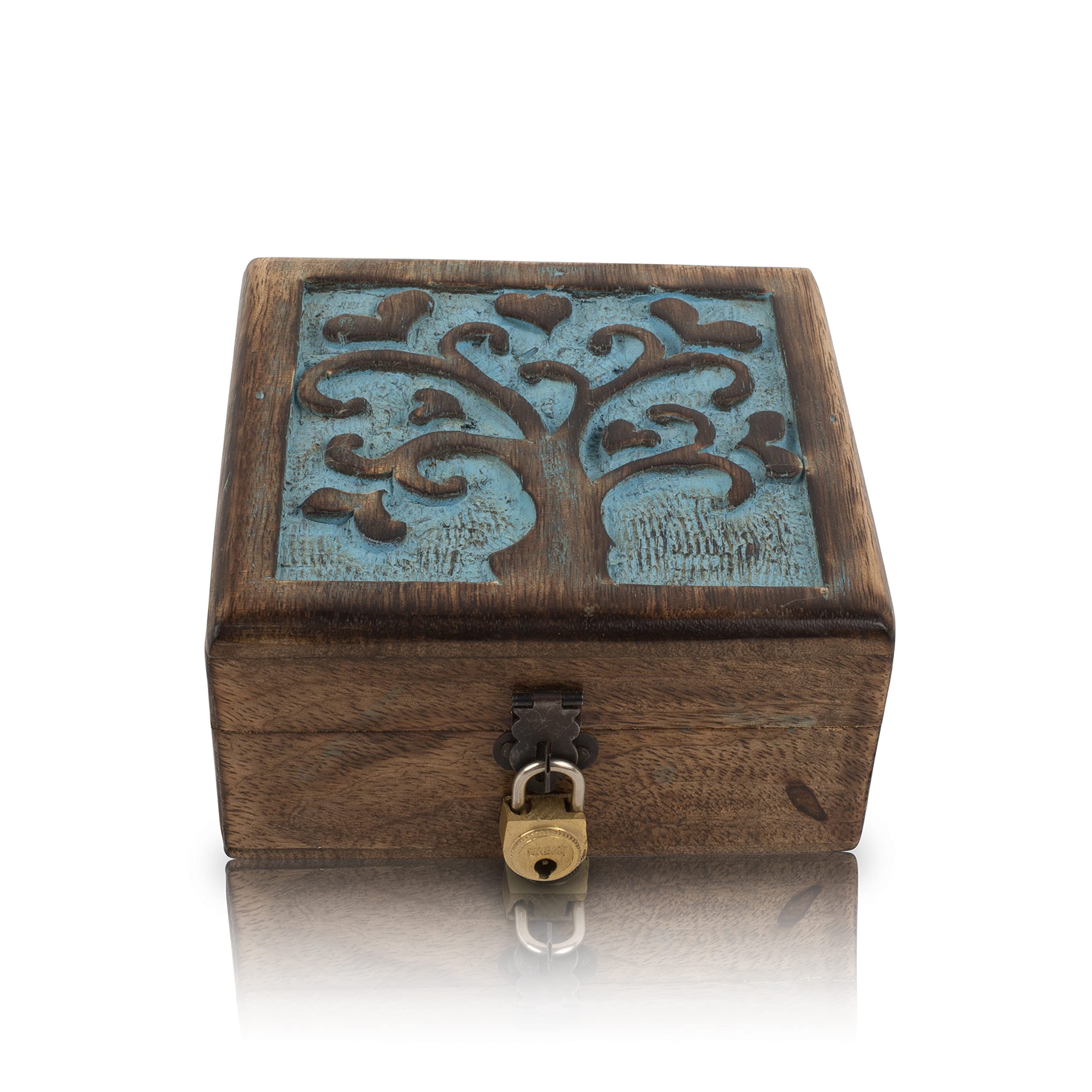 Handmade Wooden Jewelry Box with Tree of Life Carving - Lockable Keepsake Storage Organizer for Necklaces, Rings & Watches | Perfect Birthday Gift, Anniversary Present & Home Decor Accessory