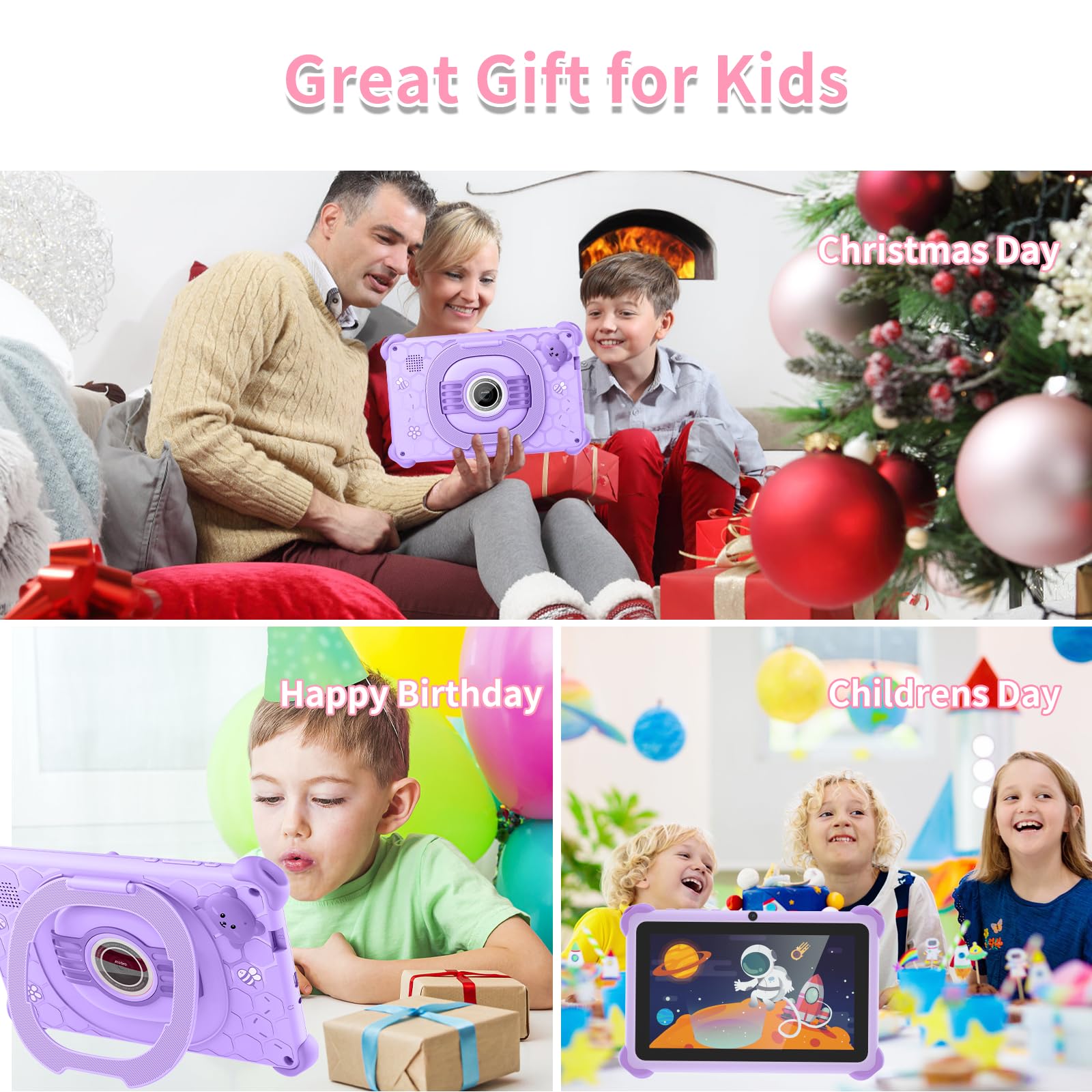 7 Inch Kids Tablet 32GB - Android Learning Tablet with WiFi, Bluetooth & Parental Control | Preloaded Educational Apps for Boys & Girls | Durable Purple Case Included | Perfect for Homeschooling, Travel & Early Childhood Development