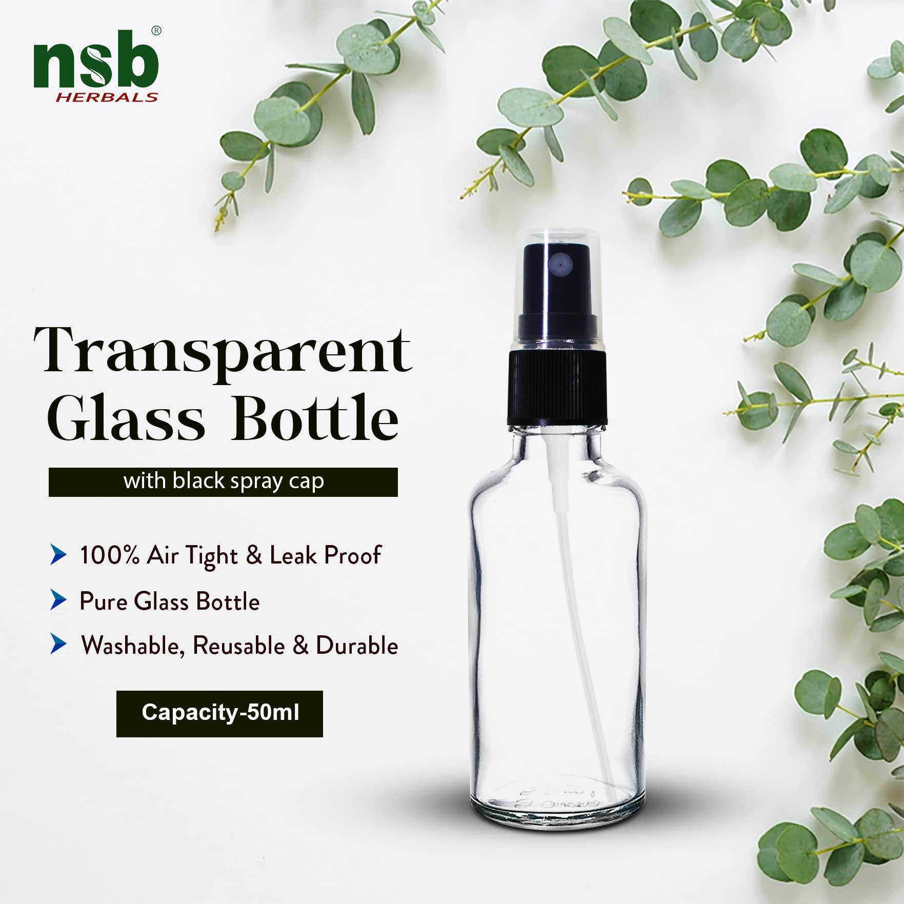 NSB Herbals 50ml Refillable Clear Glass Fine Mist Spray Bottles with Pump - Perfect for DIY Perfume, Essential Oils, Aromatherapy Blends, Floral Waters & Beauty Products (3-Pack) | Great for Home, Travel & Salon Use