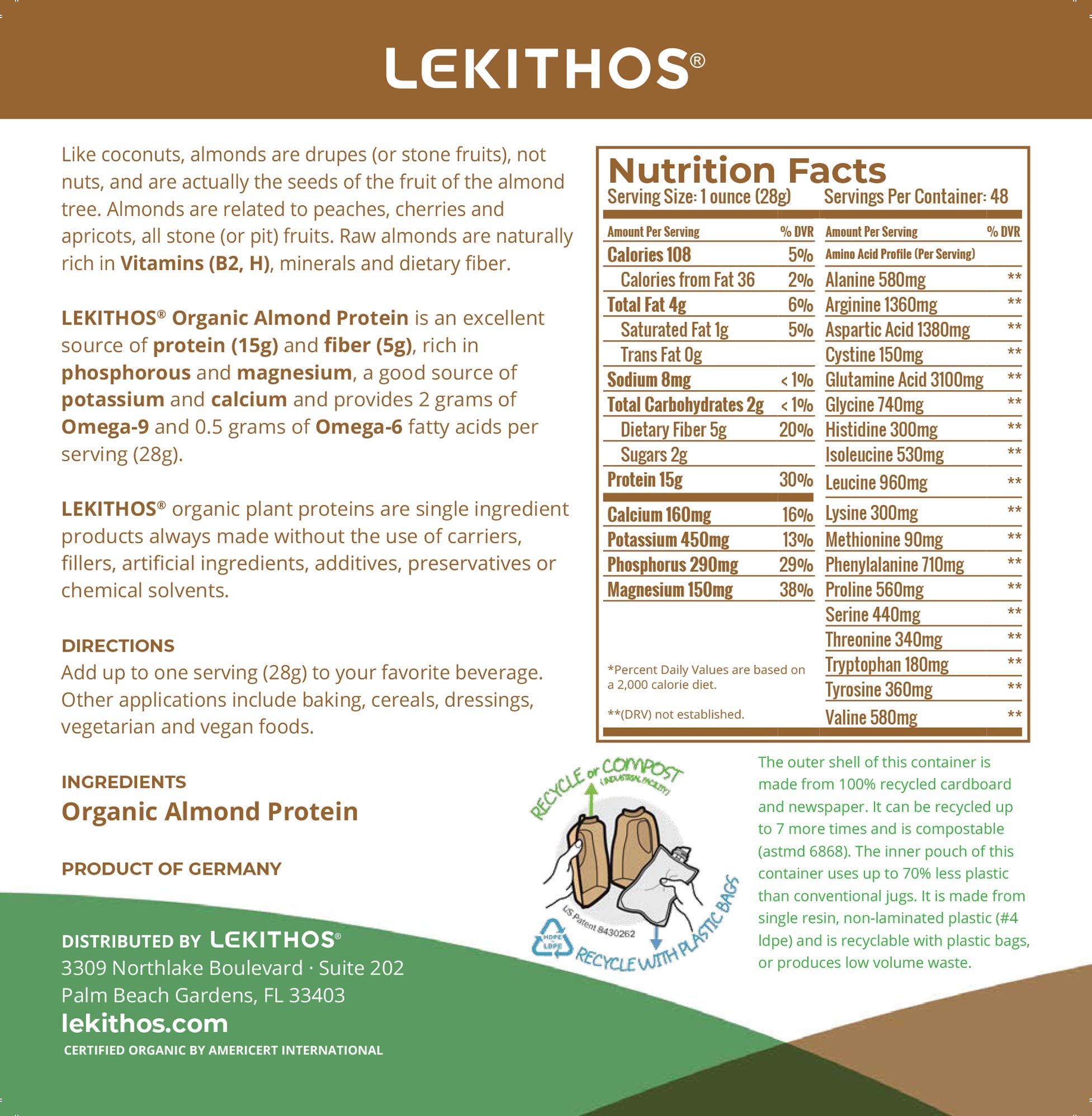 Organic Almond Protein Powder by Lekithos - 3 lb Bag, 15g Protein per Serving, Single Ingredient, USDA Organic & Non-GMO Project Verified - Perfect for Smoothies, Baking & Post-Workout Recovery