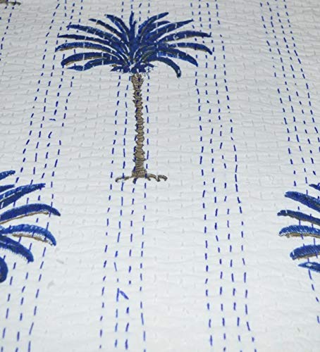Handmade Indian Cotton Kantha Quilt - Reversible Blue Palm Tree Handblock Print Throw Blanket (90x60 Inch/220x152 Cm) | Traditional Patchwork Stitched Bedspread for Twin Bed | Perfect for Cozy Bedroom Decor, Guest Room & Boho Chic Home Styling