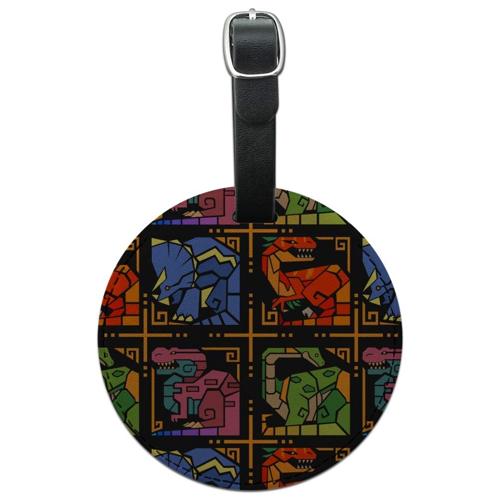 Aztec Mayan Style Geometric Dinosaur Leather Luggage Tag - Round ID Card Holder for Travel Bags, Suitcases & Backpacks - Perfect for Vacation, Business Trips & Adventure Travel