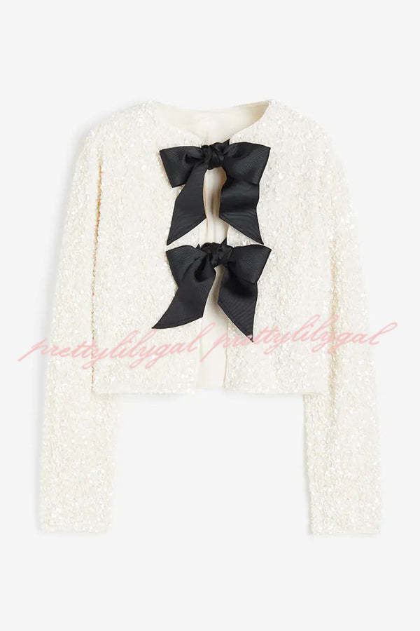 Elegant Tie-Front Bow Sequined Jacket for Women - Perfect for Parties & Date Nights | Two-Way Styling Options