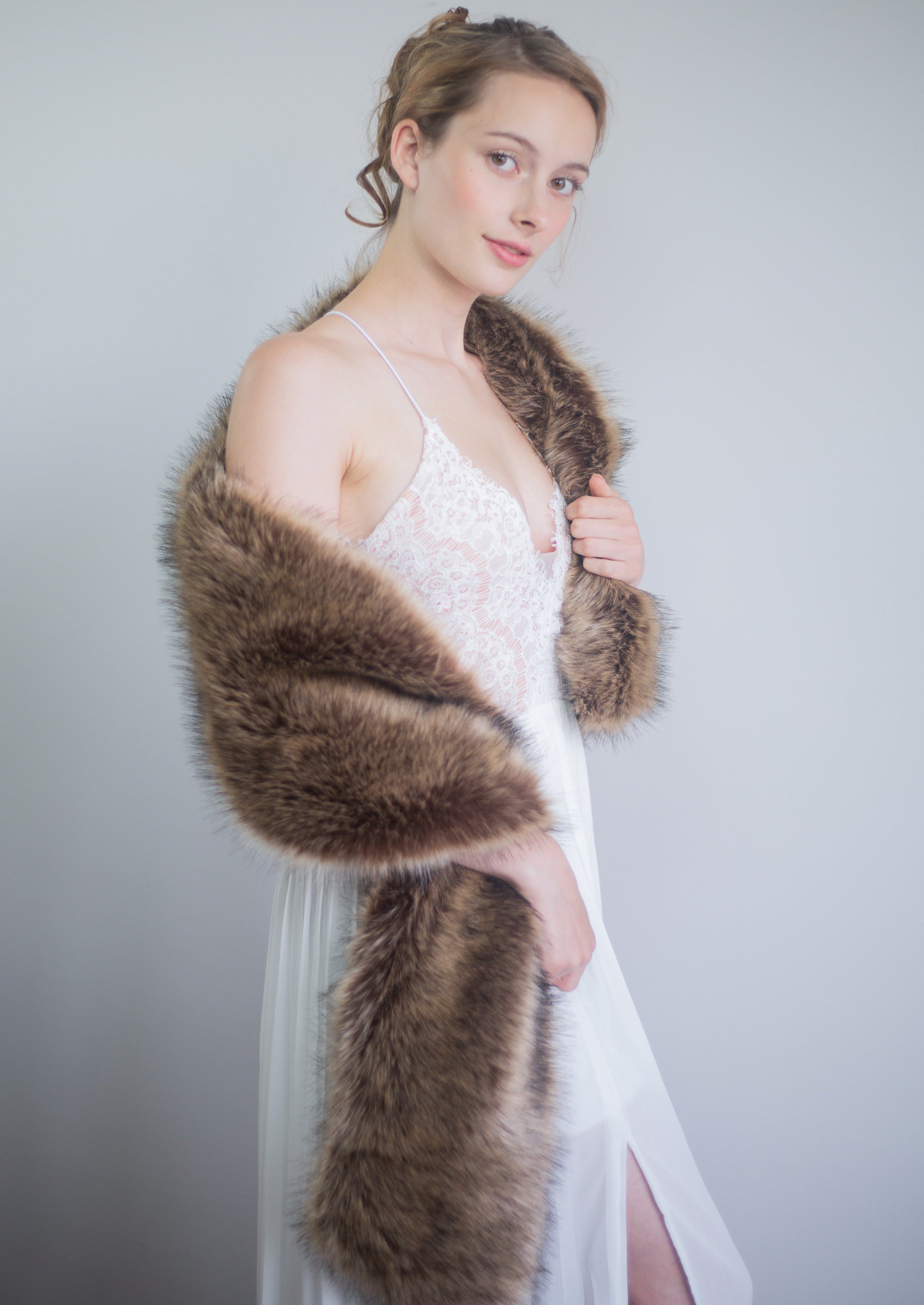 Luxury Brown Fur Shawl Wrap - Soft & Warm Winter Fashion Accessory for Women (Lilian Brw03) | Perfect for Evening Parties, Weddings & Cold Weather Outfits