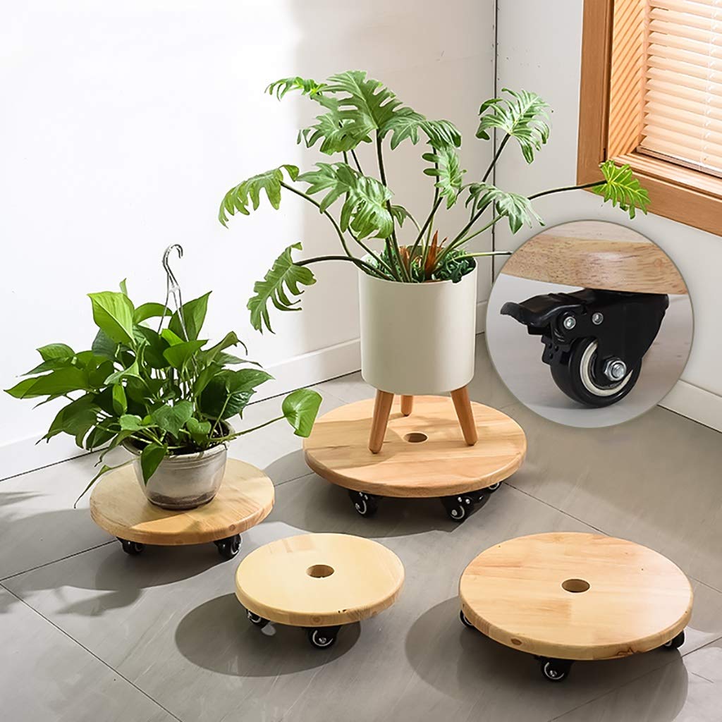 Heavy Duty Wooden Flower Pot Stand with Wheels - 24cm Round Plant Caddy Trolley for Indoor & Outdoor Use - Garden Container Holder for Plants, Flowers & Decor
