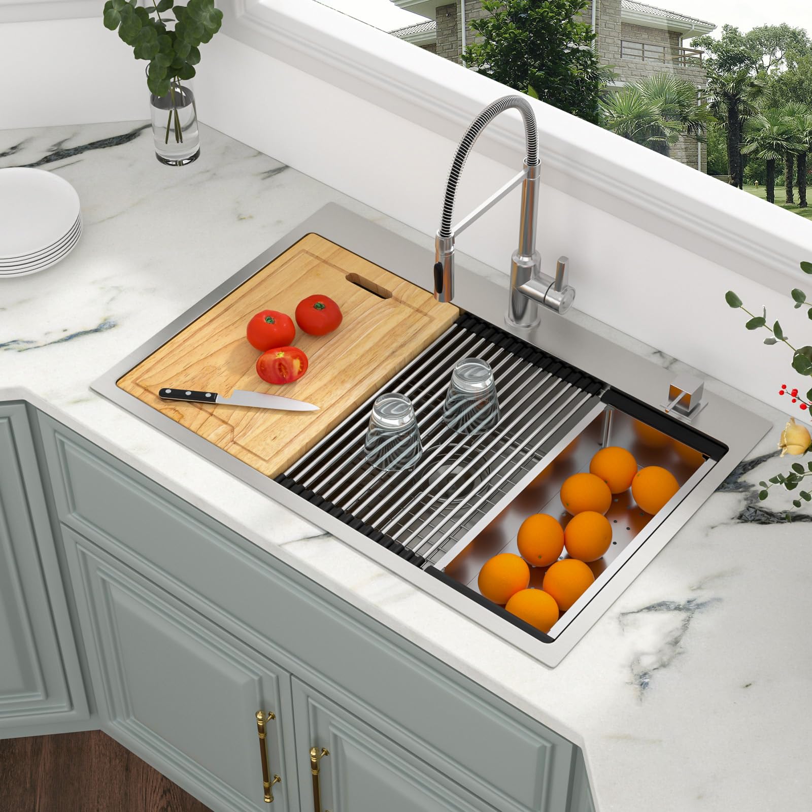 Kichae 33 x 22 Inch Drop-In Kitchen Sink - 16 Gauge Stainless Steel Single Bowl with Ledge Workstation | Topmount Installation for Food Prep & Dishwashing