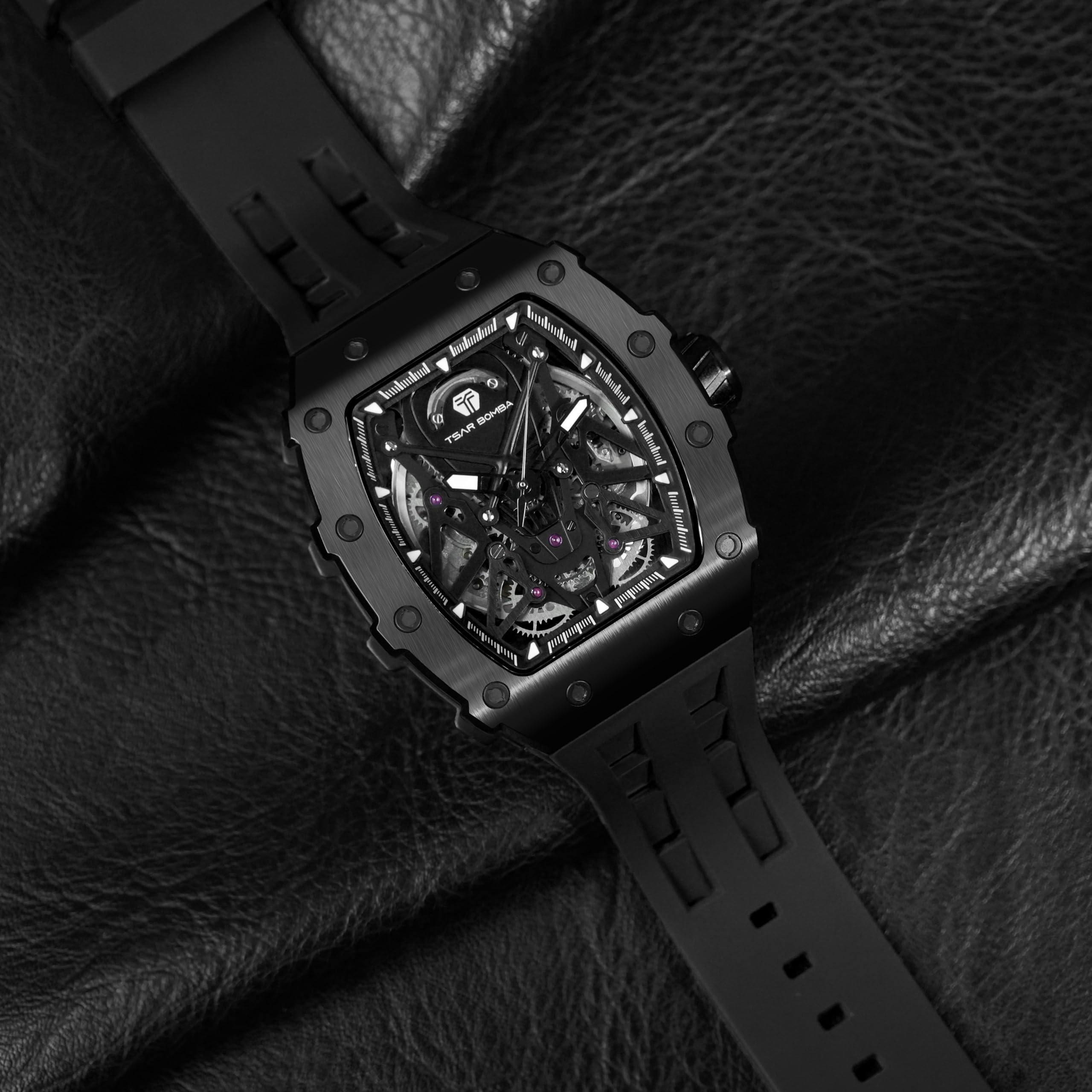 Luxury Automatic Skeleton Watch for Men - 50M Waterproof Mechanical Tonneau Watch with Silicone Band - Perfect for Business, Formal Events & Christmas Gifts