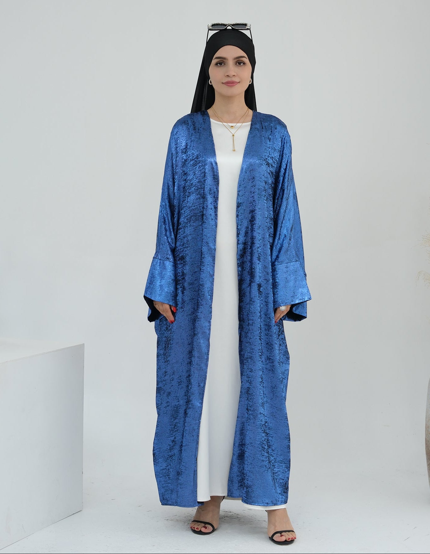 Draya Shimmer Kimono Open Abaya - Elegant Blue Muslim Abaya Dress for Women | Perfect for Prayer, Eid, Wedding & Special Occasions