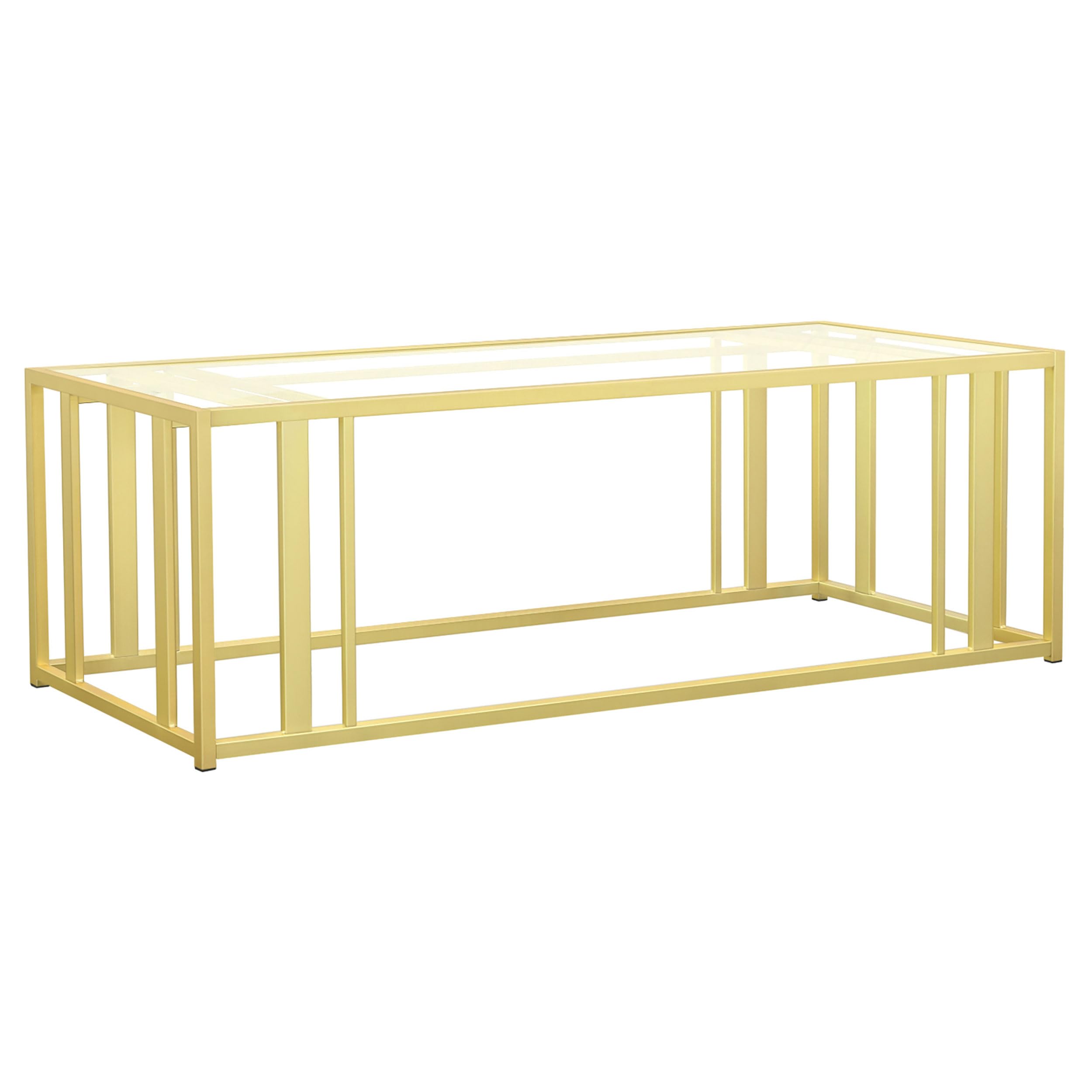 Coaster Home Furnishings Adri Modern Glass Top Rectangular Coffee Table with Geometric Metal Base - Matte Brass Finish Living Room Furniture for Small Spaces & Contemporary Home Decor