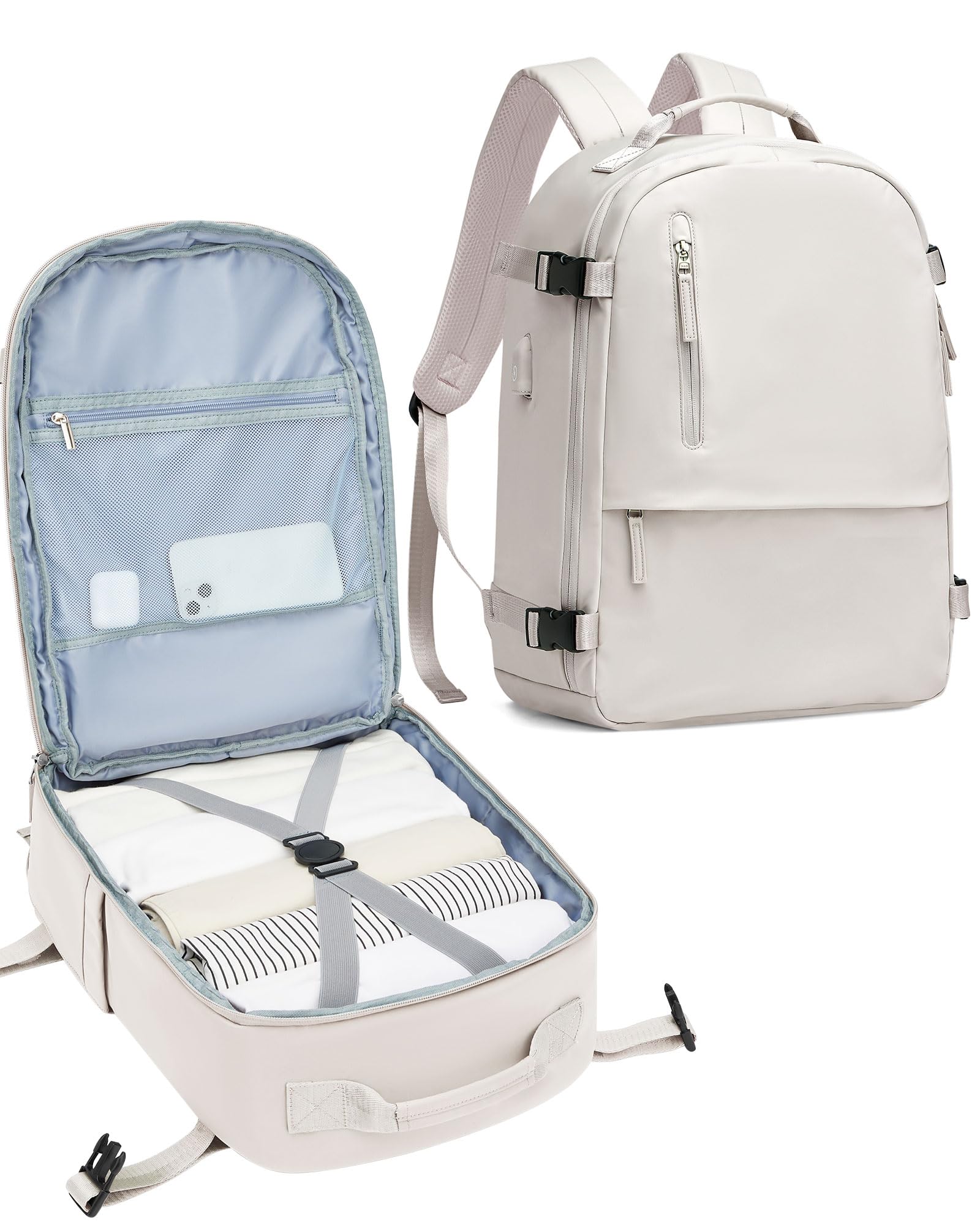 Waterproof Travel Backpack for Women & Men - Airplane Approved Carry On Personal Item Bag with USB Charging Port | Business Laptop Backpack for Work, Hiking, Gym & Casual Use | Includes Shoe Compartment & Fits Under Airplane Seat (White)