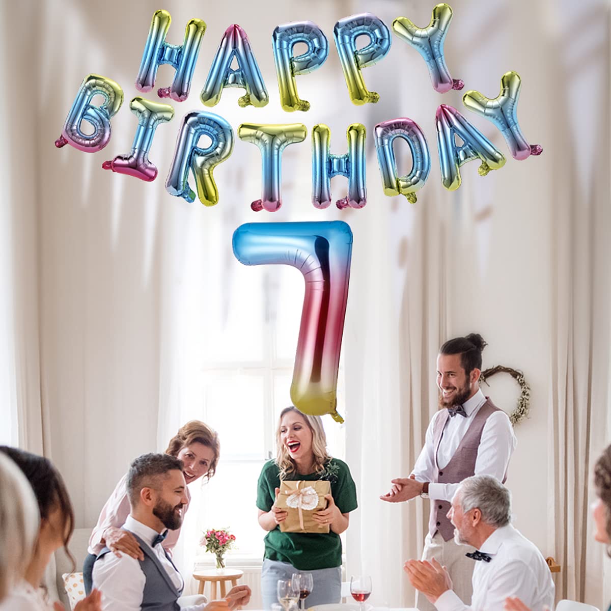 40 Inch Happy Birthday Number 7 Banner & Balloons - Rainbow Gradient Foil Balloons for 7th Birthday Party Decorations | Boys & Girls Celebration Supplies | Perfect for Indoor & Outdoor Birthday Decor
