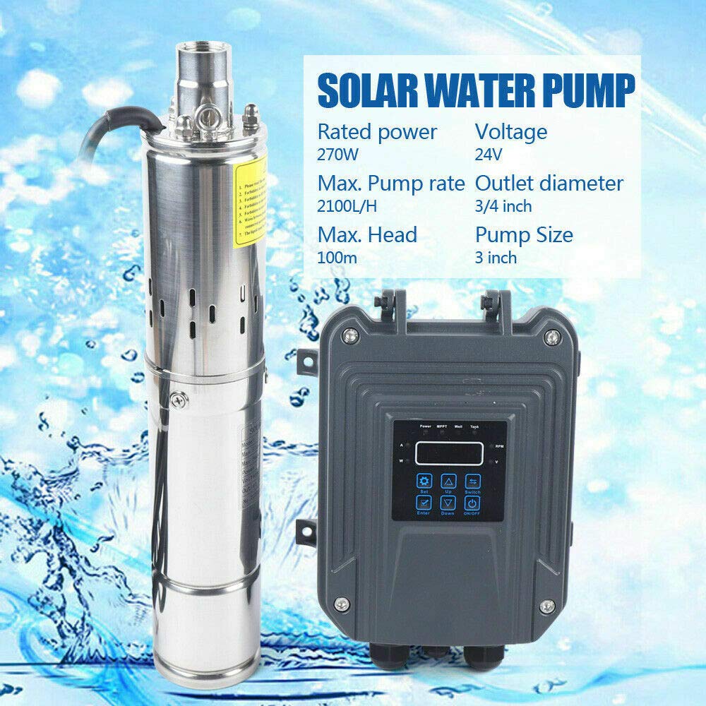 24V 270W DC Solar Water Pump Submersible Well Pump Stainless Steel with MPPT Controller - 2100L/H Max Flow for Home, Farm & Industrial Use | Irrigation, Livestock Watering & Off-Grid Water Supply