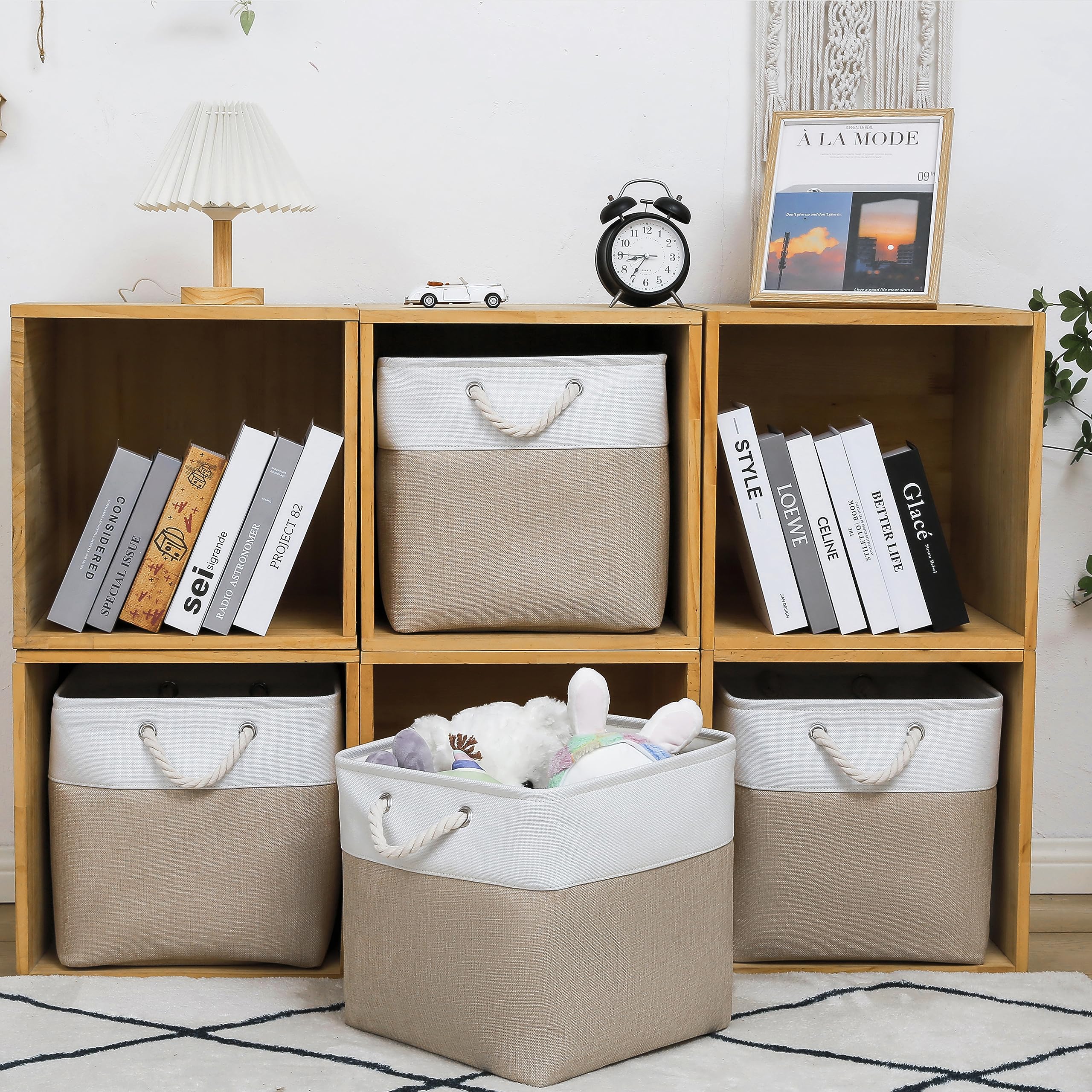 13 x 13 Inch Cube Storage Bins, 4 Pack Large Collapsible Fabric Storage Bins with Handles - Foldable Organizer for Closet, Toys, Clothes, Office & Home Organization (White & Beige) - Perfect for Nursery, Playroom, Shelving & Underbed Storage