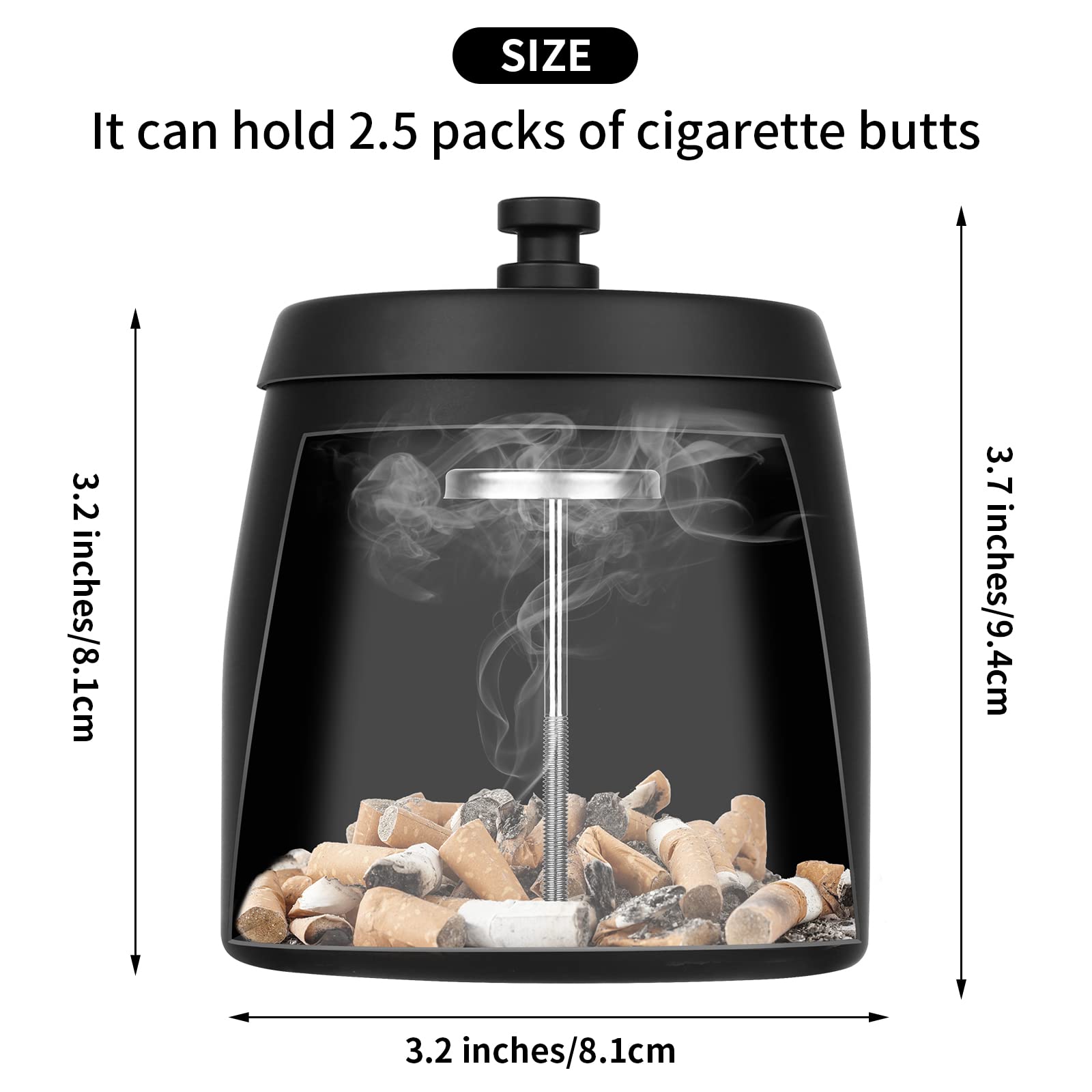 Windproof Metal Ashtray with Lid - Small Black Outdoor Cigarette Ashtray for Patio, Garden, Balcony & Camping Use