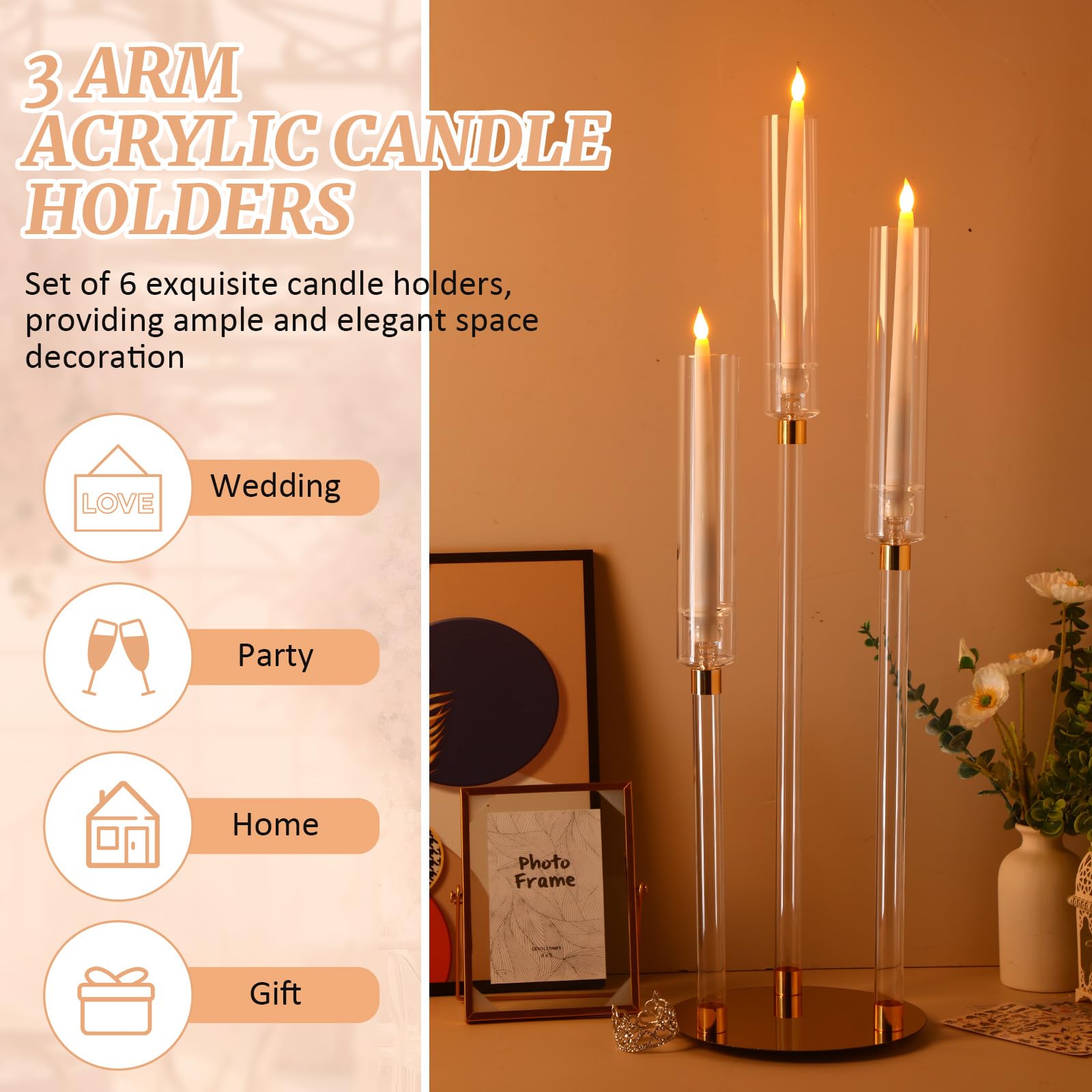 Layhit 6-Pack 30.5'' Tall Clear Acrylic Candelabra Centerpieces - Gold 3-Arm Crystal Candle Holders with Clear Lampshade for Wedding, Party & Home Decor - Fits 0.8