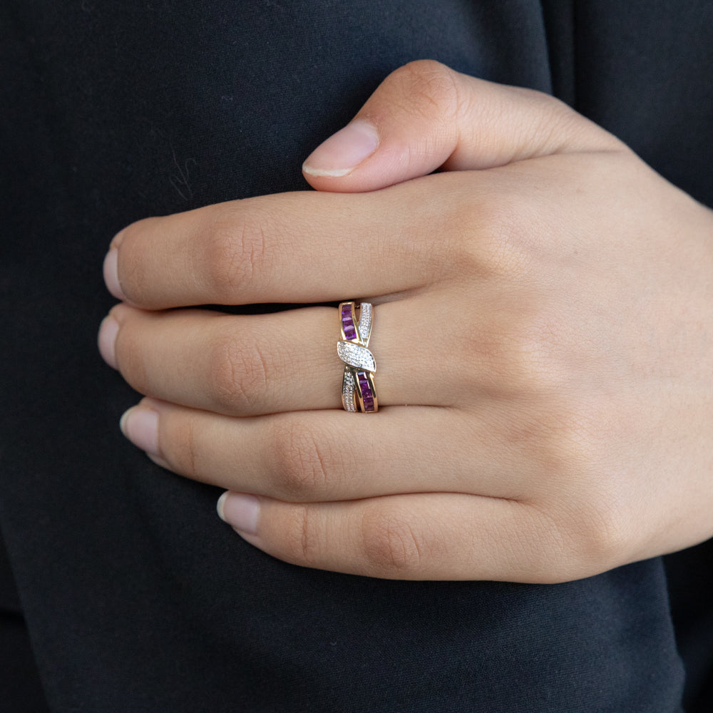 9ct Yellow Gold Amethyst and 10 Diamond Cross Over Ring for Women - Elegant Stackable Jewelry Gift for Valentine's Day, Anniversary & Special Occasions