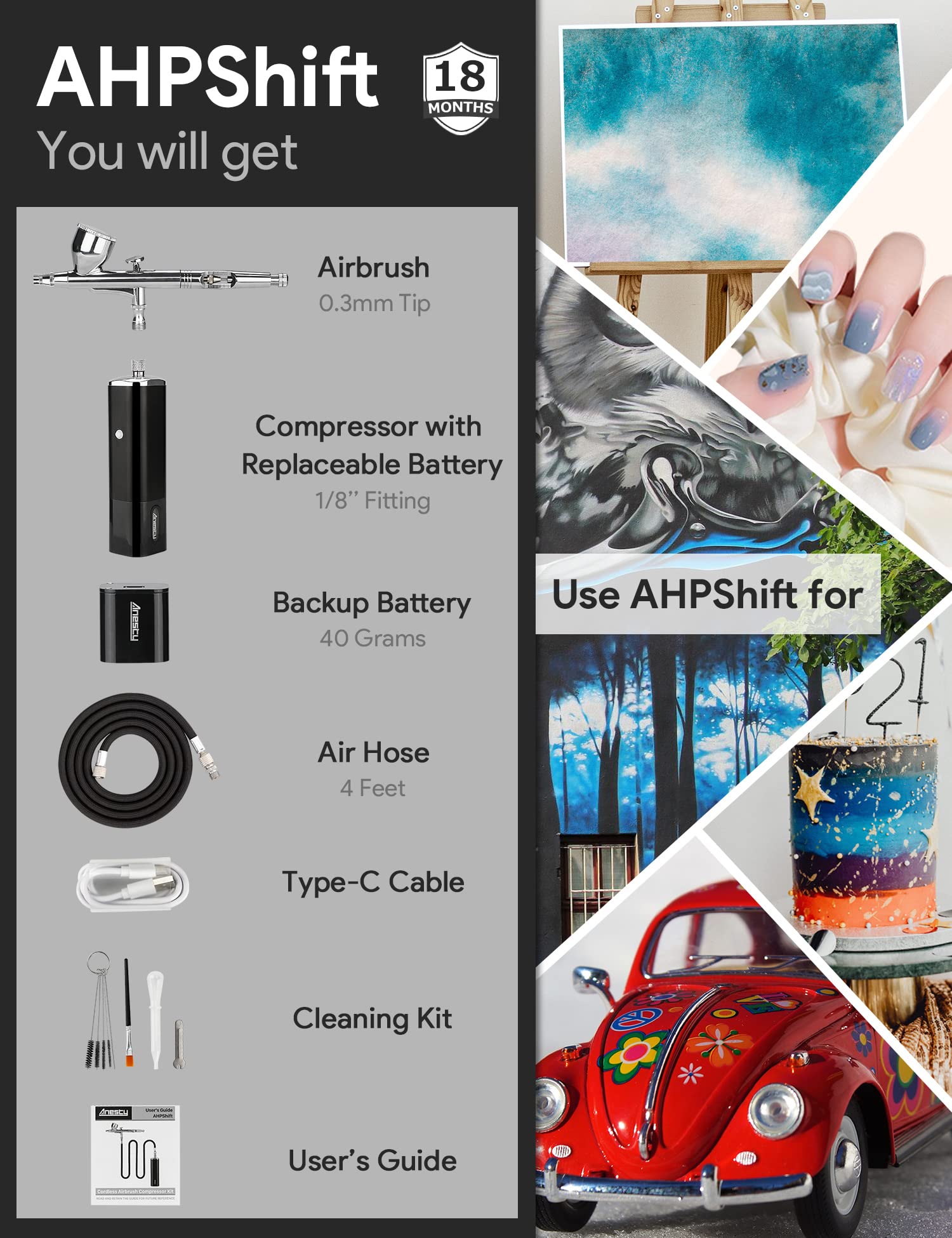 Anesty AHPShift Cordless Airbrush Kit with Compressor - 2 Interchangeable Batteries for Continuous Use | Professional Painting Tool for Models, Barber Styling, Makeup Artistry, Cake Decorating & DIY Crafts | Perfect for Artists, Hobbyists & Professionals