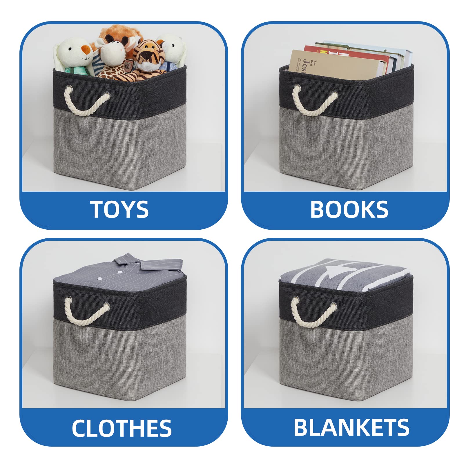 4-Pack Temary Fabric Storage Baskets - Collapsible Cloth Cube Organizer with Handles for Shelves, Closet & Home Organization (Black & Gray) | Perfect for Bedroom, Nursery & Office Storage Solutions