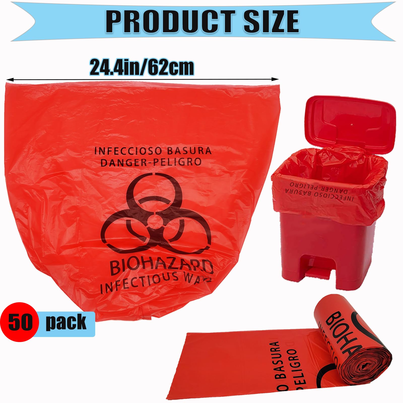 50pcs Heavy Duty Red Biohazard Waste Bags 24.4x24.4in (62x62cm) 10 Gallon - Hazard Symbol Disposable Trash Liners for Medical, Infectious & Hazardous Waste Disposal - Perfect for Hospitals, Clinics & Laboratories