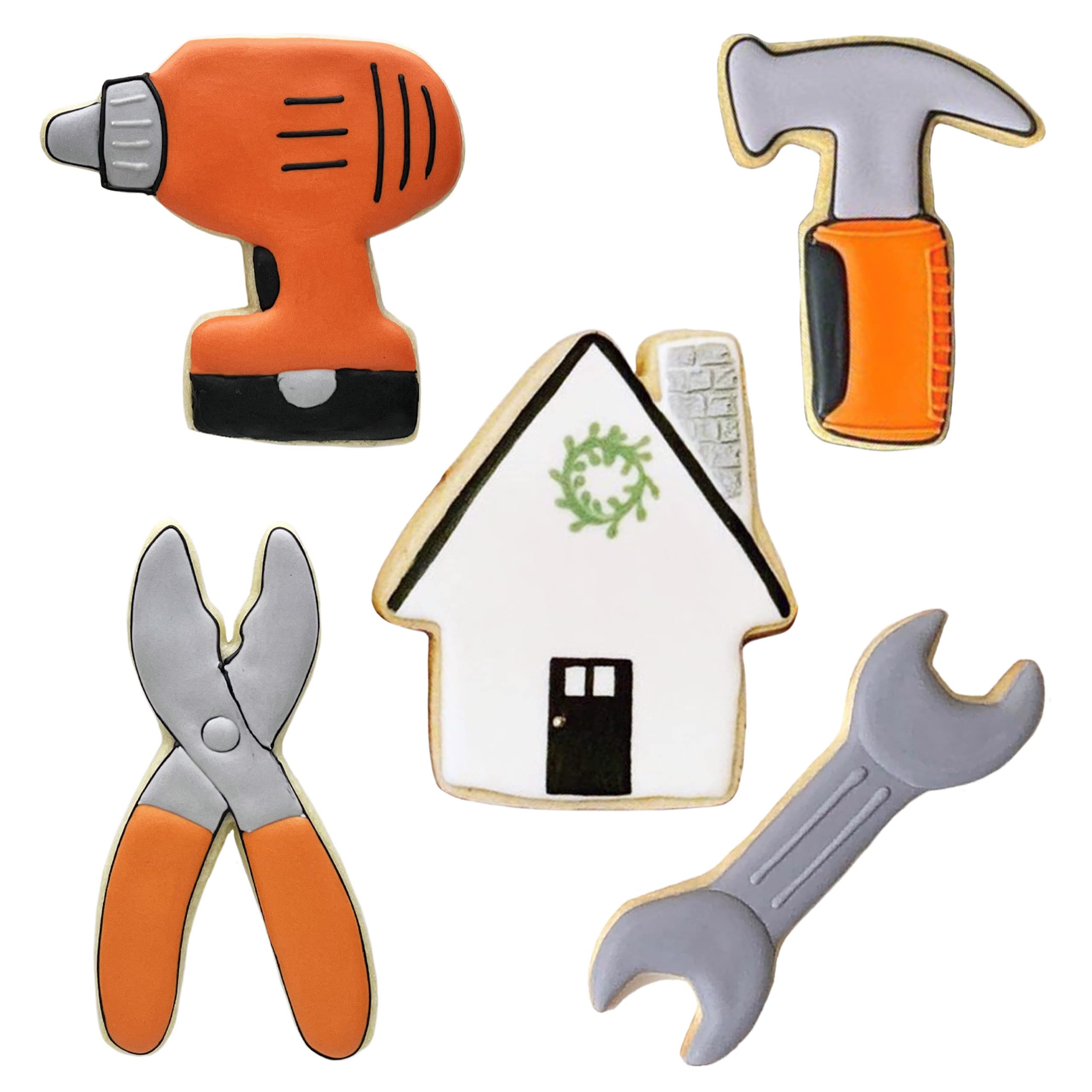 Father's Day Construction Cookie Cutters Set - 5-Pc. Cordless Drill, Hammer, Wrench, Pliers & House Shaped Metal Cutters | Made in USA by Ann Clark | Perfect for DIY Cookies, Baking Gifts & Father's Day Celebrations