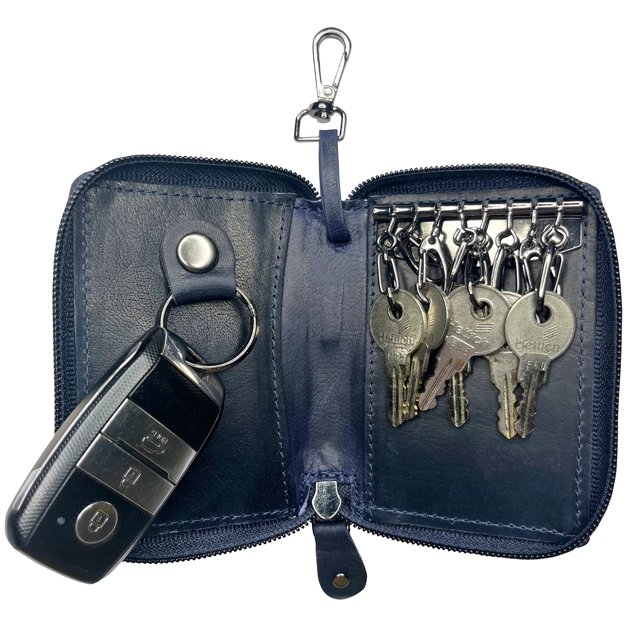 Premium Genuine Leather Key Holder Case - Zippered Key Organizer Wallet for Men & Women (Blue) - Perfect for Home, Office & Travel Organization
