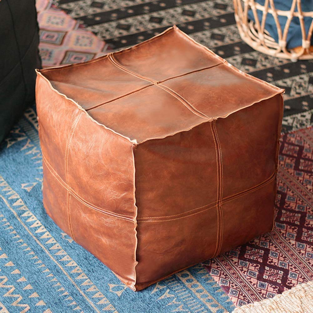 Faux Leather Moroccan Footrest Ottoman Pouf - Unstuffed Coffee Upholstered Footstool with Storage, 45cm - Perfect for Living Room, Bedroom & Home Decor