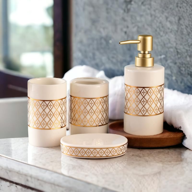 Whizzo Ceramic Bathroom Set - 4pc Soap Dispenser, Toothbrush Holder for Home Decor