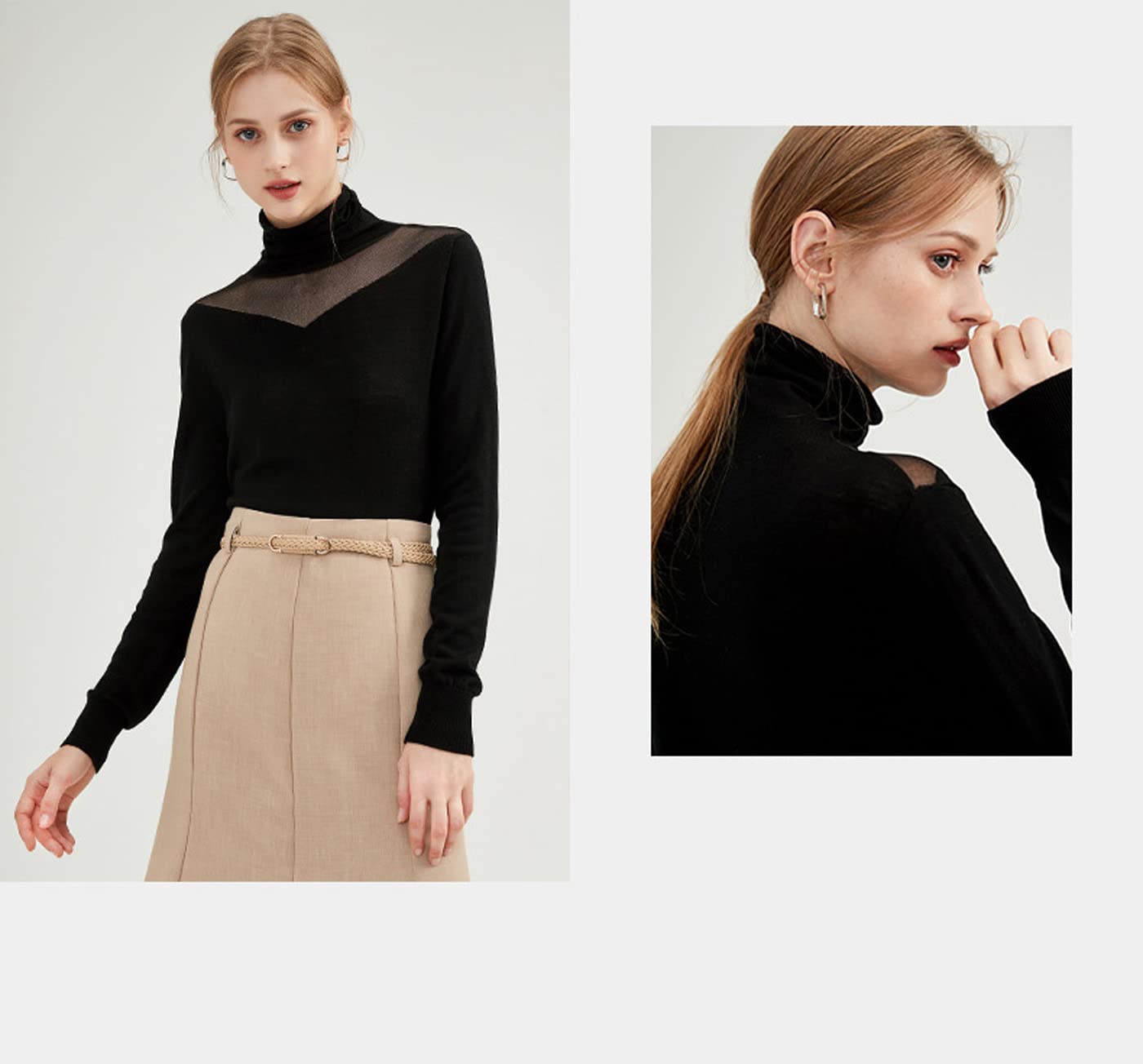 100% Wool Women's Lace High Neck Crewneck Sweater - Long Sleeve Pullover Top (XL, Black) | Warm Winter Fashion for Office & Casual Outfits