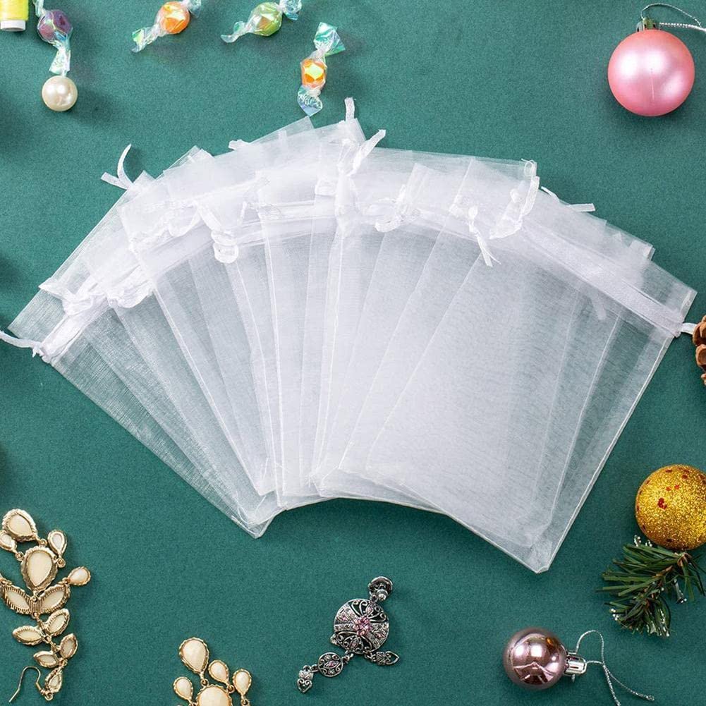 50 Pack 4x5 Inch White Sheer Organza Drawstring Bags - Wedding Favor, Jewelry Gift, Party Favor, Candy Bags for Bridal Shower, Baby Shower & Festivals