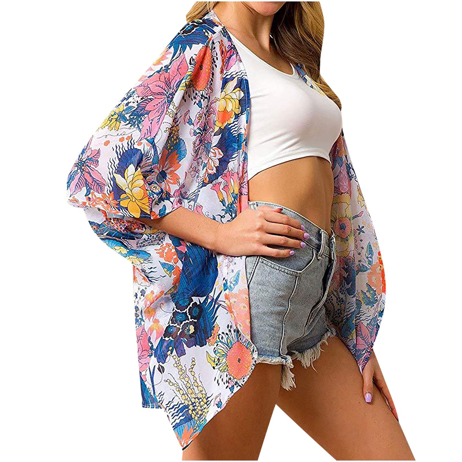 Floral Print Puff Sleeve Kimono Cardigan for Women - Lightweight Loose Cover Up Blouse, Summer Beachwear & Casual Boho Tops for Outdoors, Vacation and Layering