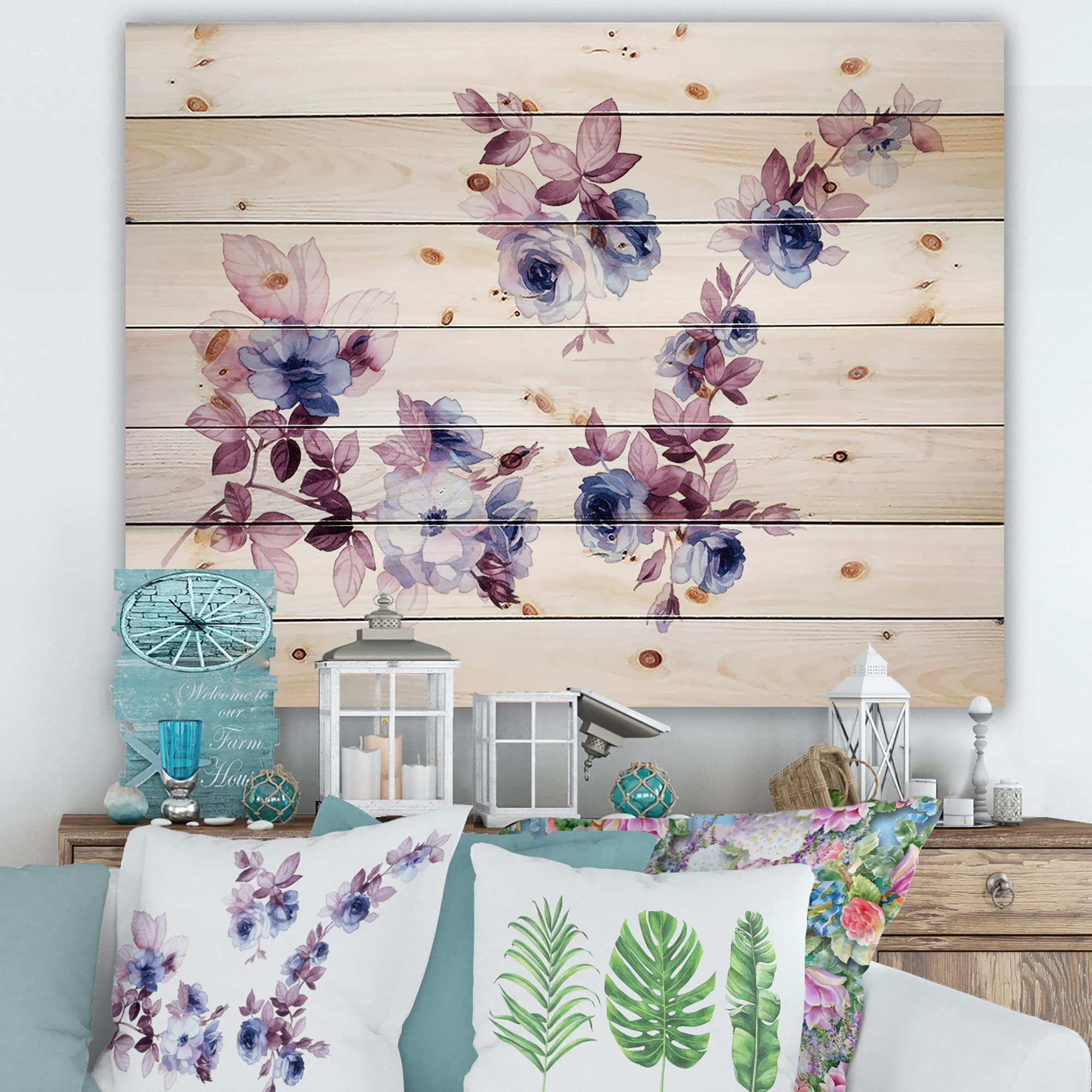 DesignQ Purple Wildflowers Traditional Wood Wall Art - Large Floral Pine Wood Wall Decor Panel - Handcrafted Home Decor for Living Room, Bedroom & Office