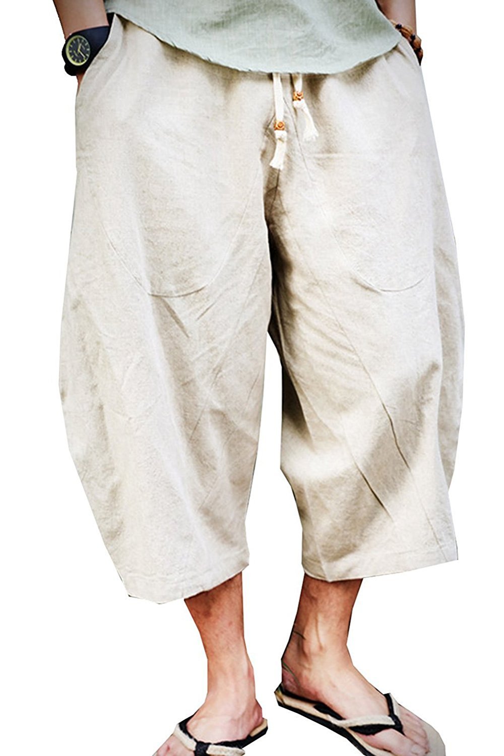Men's Linen Patchwork Shorts - Loose Fit Harem Capri Pants for Summer | Breathable & Comfortable Casual Wear for Beach, Travel & Lounge