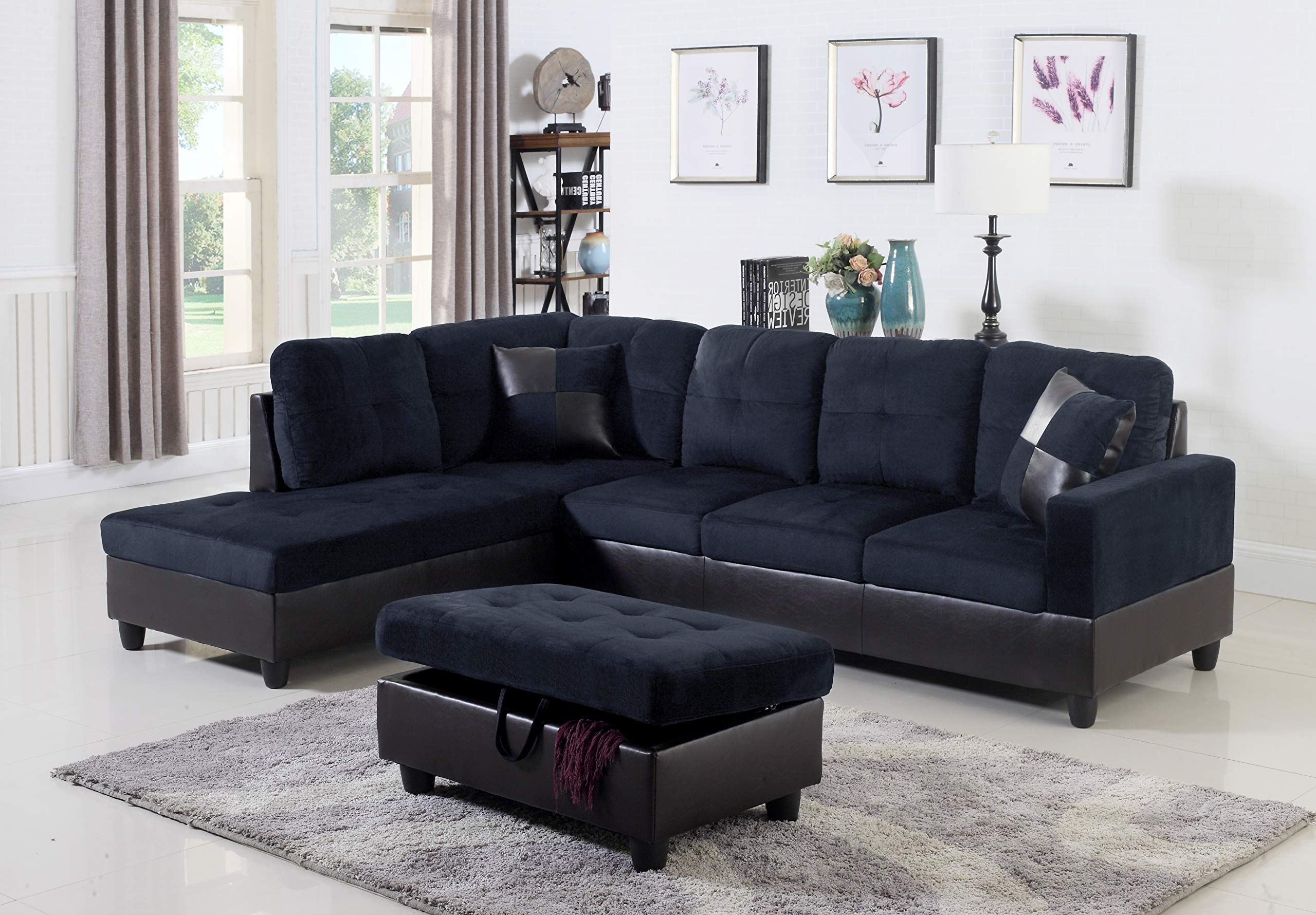 3-Piece Modern Sectional Sofa with Chaise & Storage Ottoman - Faux Leather & Microfiber Upholstery, Removable Memory Foam Cushions (Blue, Left-Facing) | Living Room Furniture for Small Spaces, Apartments & Family Gatherings