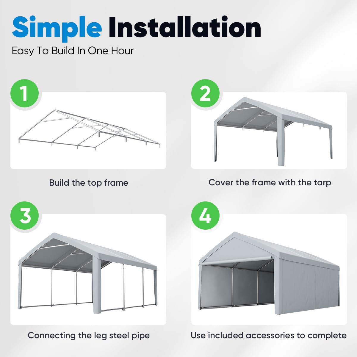 Quictent 13x20 FT Heavy Duty Galvanized Steel Carport Canopy - Weatherproof Car & Boat Shelter with Reinforced Top Poles, Removable Sidewalls & Ground Bar (Grey) - Perfect for Vehicle Protection, Outdoor Storage & RV Cover