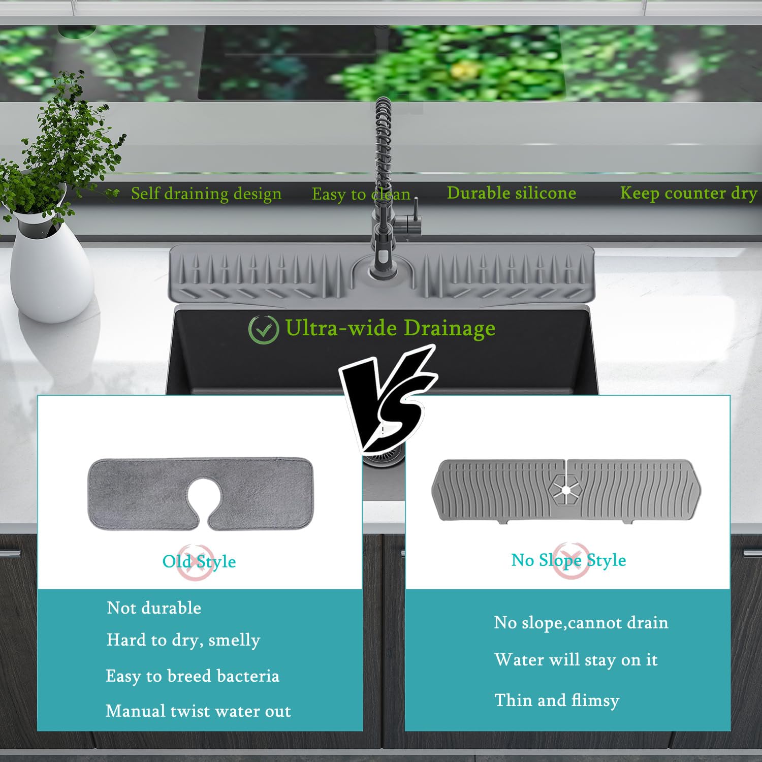 24 Inch Foldable Silicone Sink Drain Mat - Non-Slip Kitchen Counter Drip Tray, 90° Bendable Design for Sink, Faucet & Countertop Protection - Perfect for Kitchen, Bathroom, Farmhouse (Black) - Ideal for Dish Drying, Spill Containment & Decorative Use