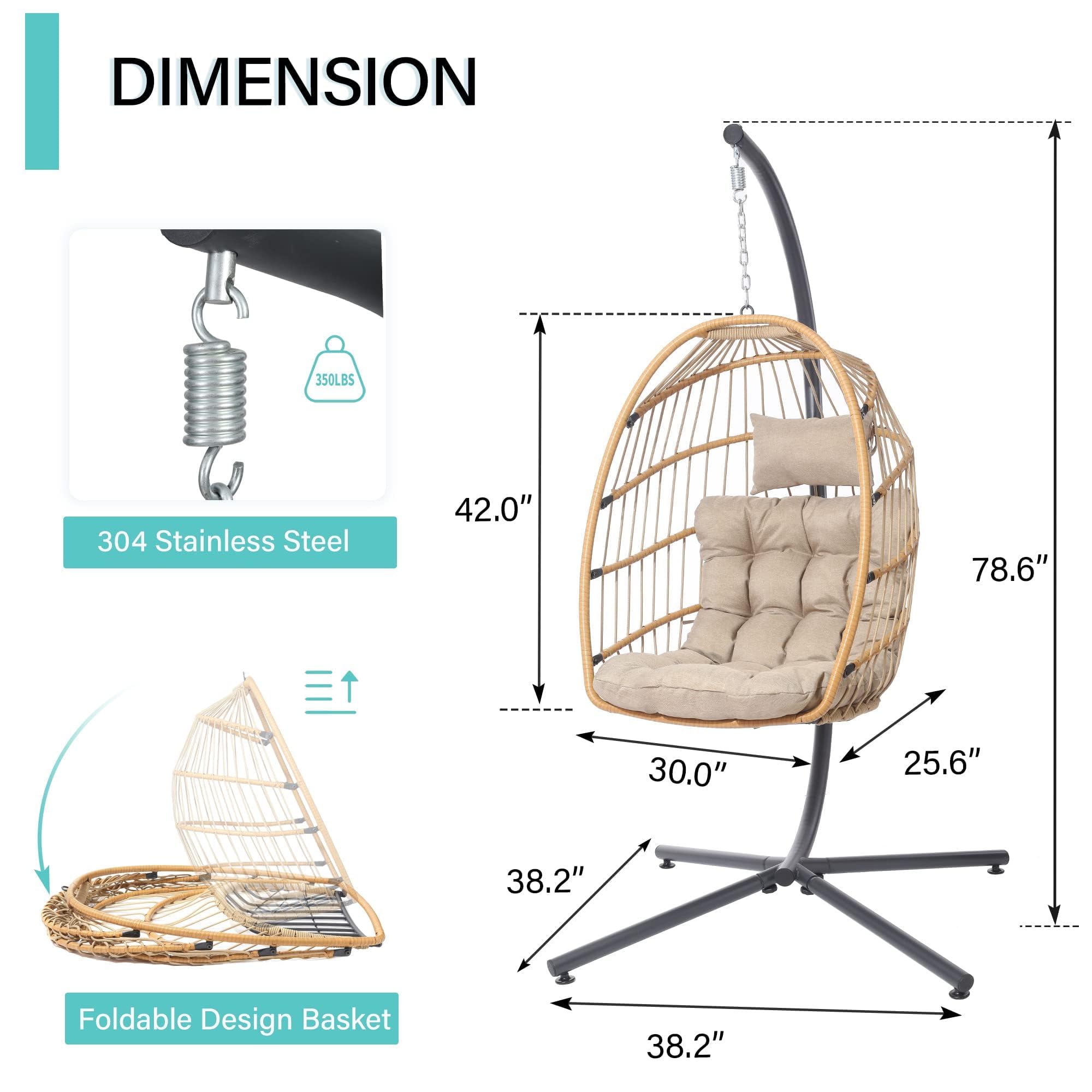 SWITTE Wicker Egg Chair with Stand & Cushion - 350lbs Capacity Hanging Swing Chair for Indoor & Outdoor Use - Perfect for Patio, Garden, Balcony Relaxation (Beige)