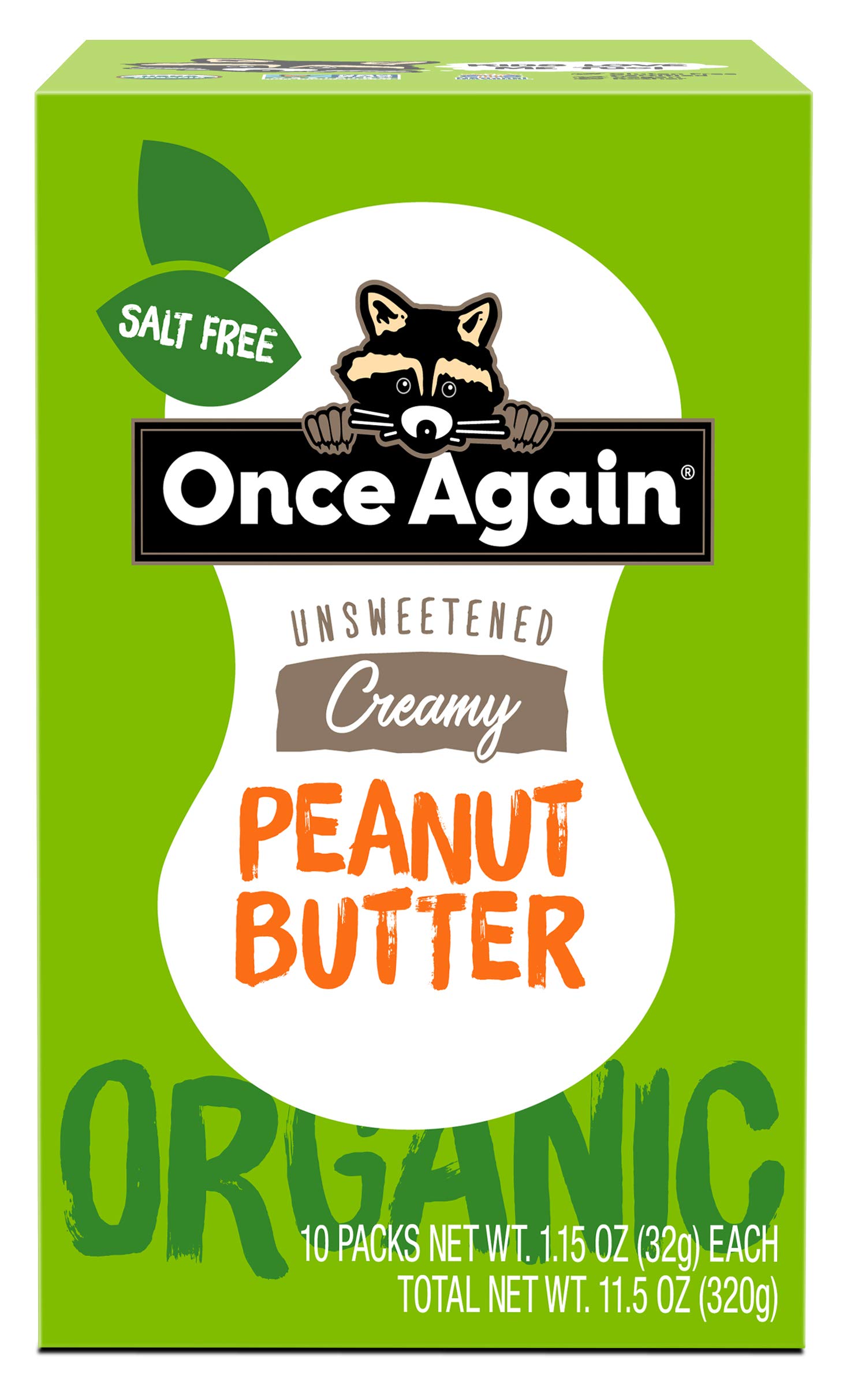 Once Again Organic Creamy Peanut Butter - 10 Pack of 1.15oz Squeeze Packs | Salt Free, Unsweetened, USDA Organic, Gluten Free, Vegan & Kosher Certified | Perfect for School Lunches, Camping & On-the-Go Snacks