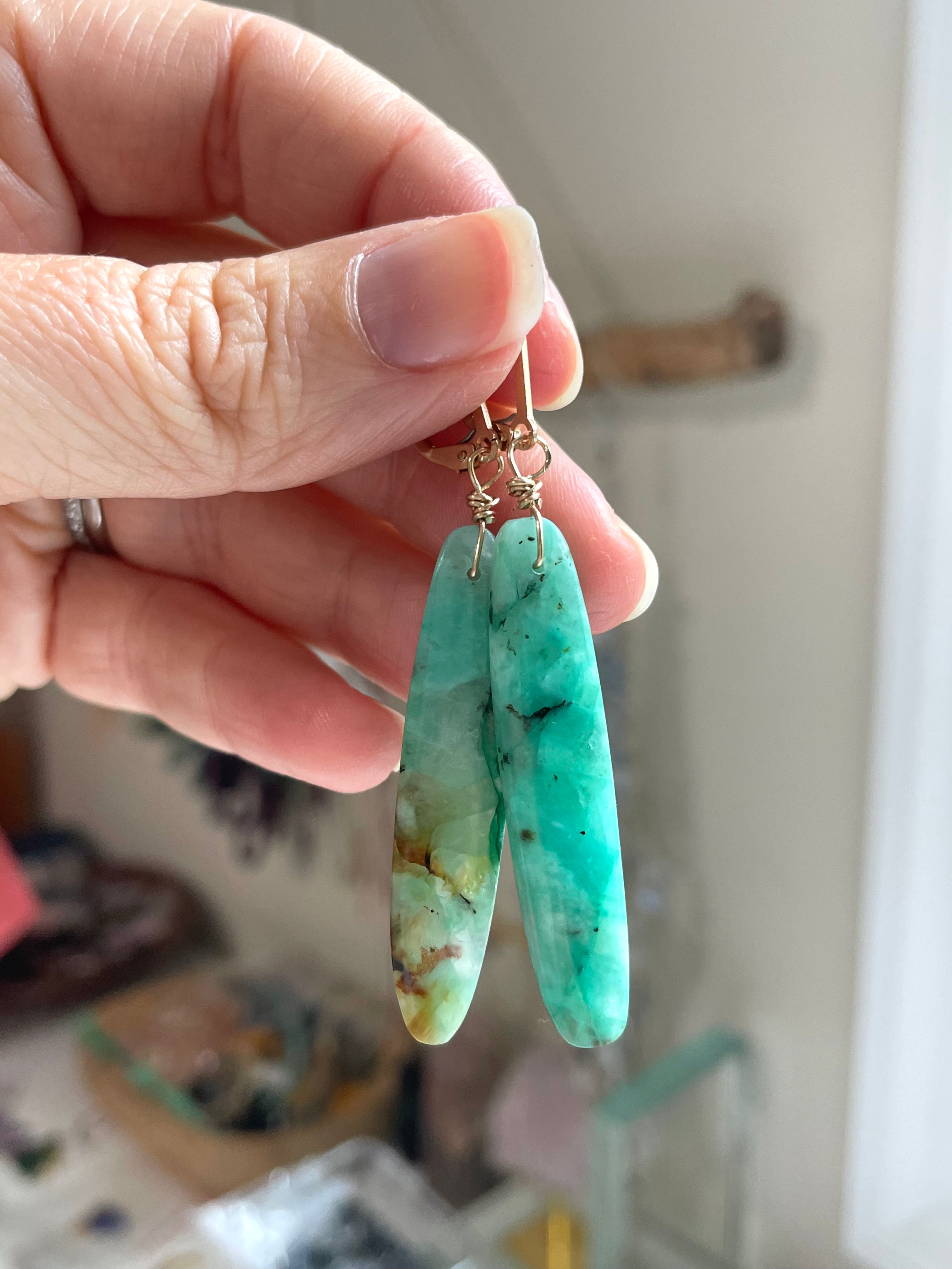 Chrysocolla Gold Filled Statement Crystal Gemstone Earrings for Women - Elegant Dangle Drop Earrings for Party, Wedding & Special Occasions