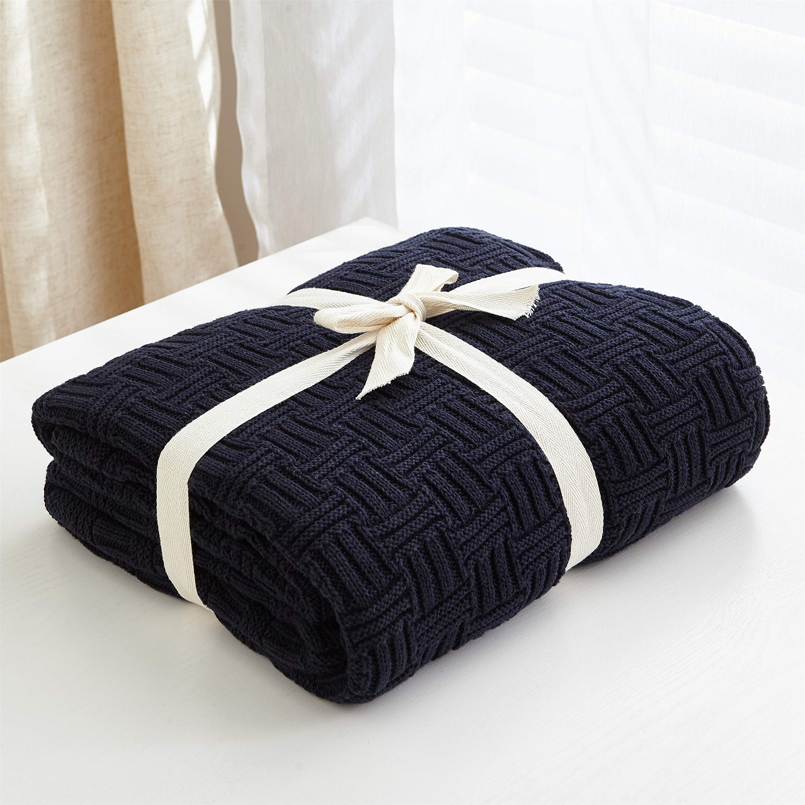 Premium Navy Blue Cable Knit Throw Blanket - Soft Cotton 50
