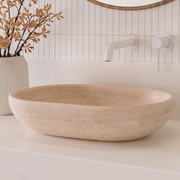ADP Ollie 500 x 340mm Above Counter Bathroom Sink - Natural Travertine Stone Vanity Basin for Modern & Luxury Home Decor | Perfect for Master Bathroom, Guest Washroom & Hotel Renovation